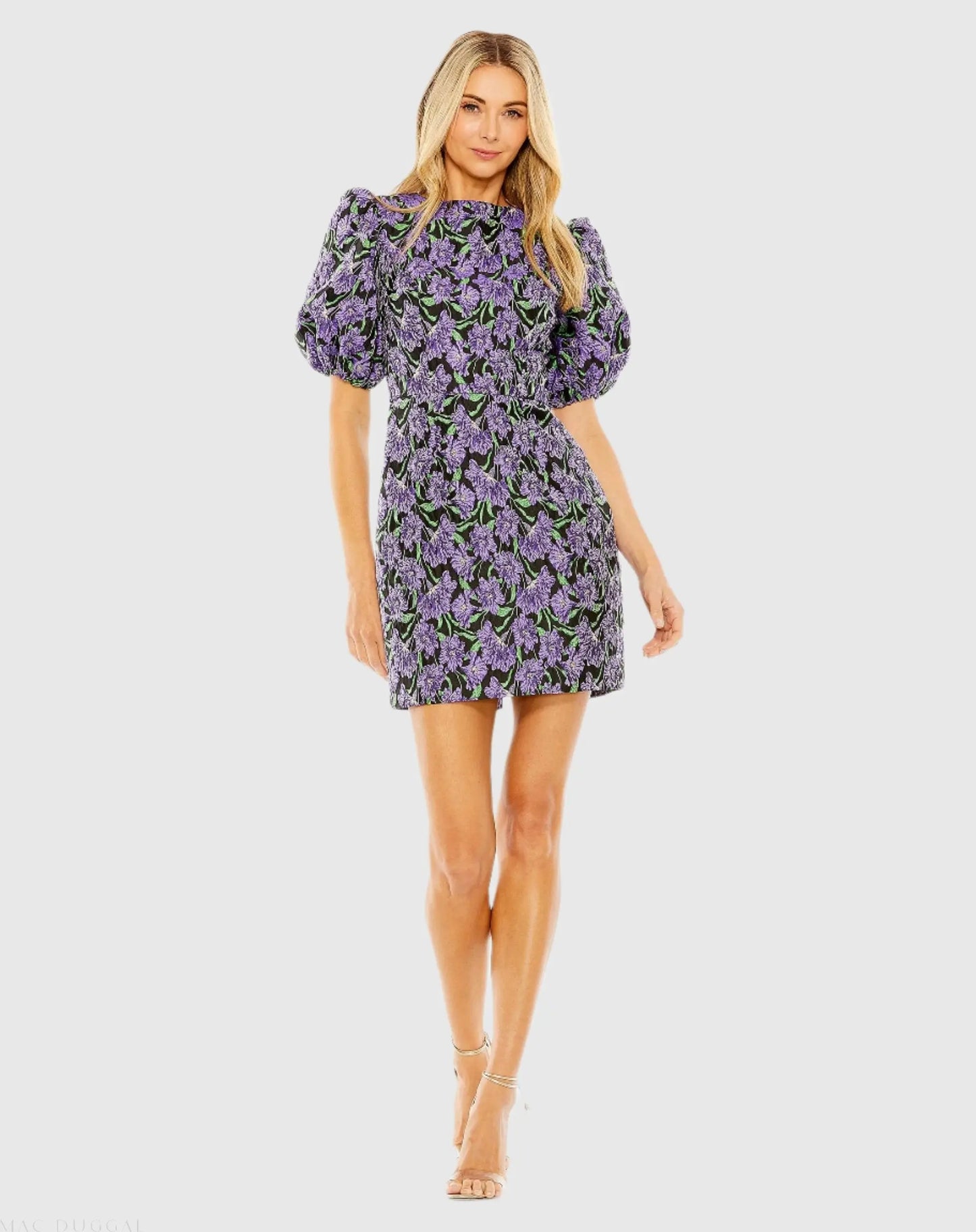 Purple and Black Bubble Sleeve Brocade Mini Dress - Mac Duggal