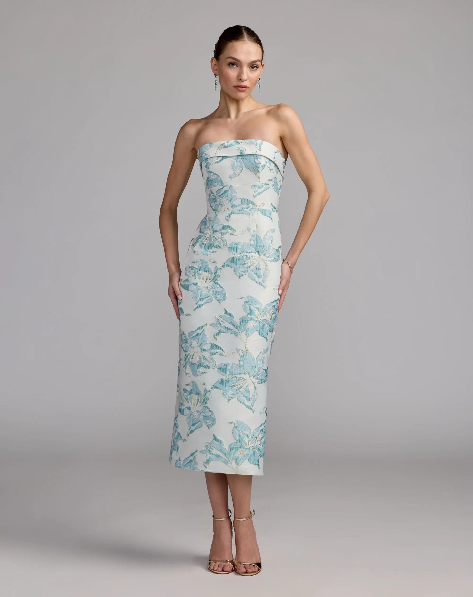 Blue and White Strapless Brocade Sheath Midi Dress | Mac Duggal Blue and White Strapless Brocade Sheath Midi Dress | Mac Duggal