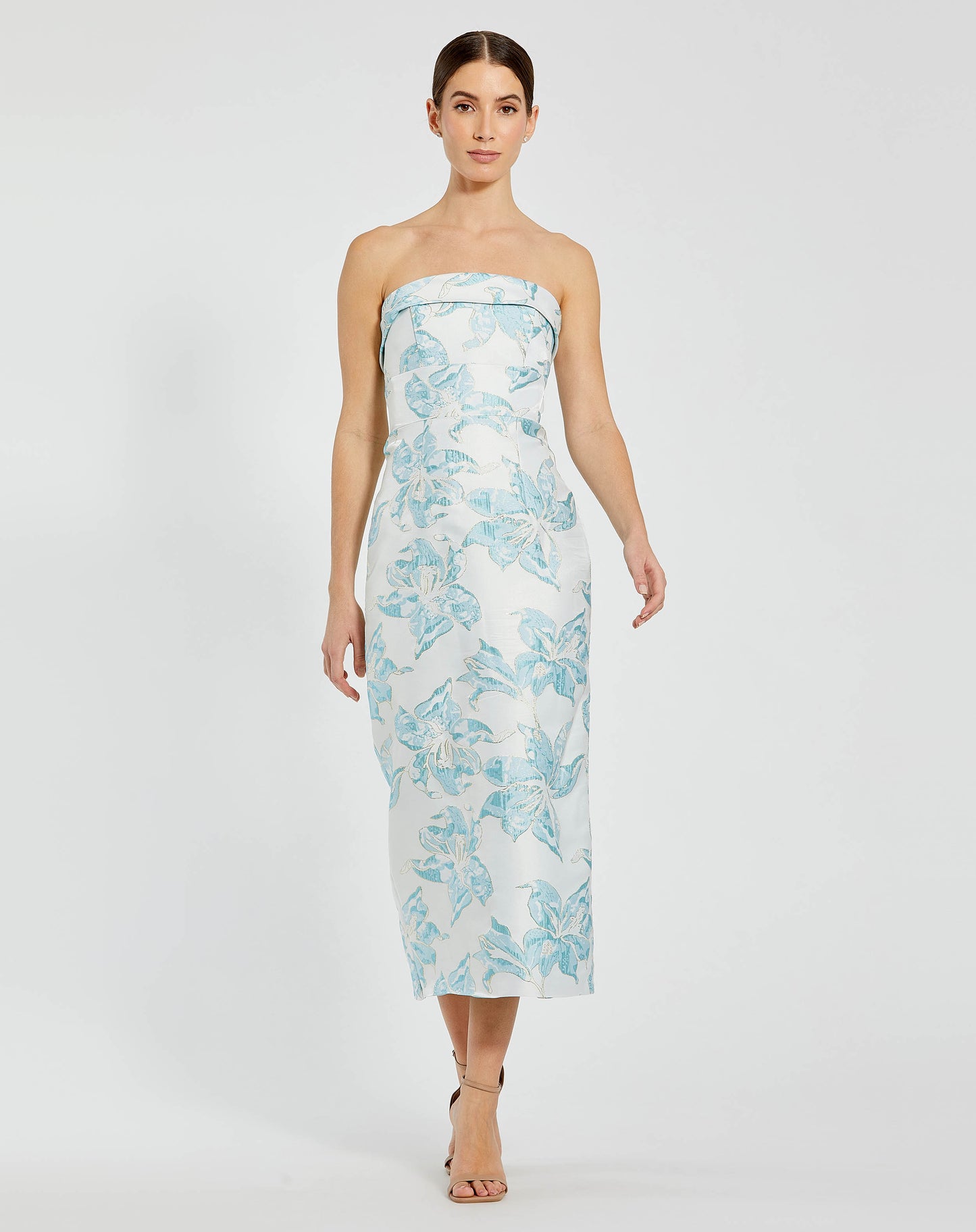 Blue Strapless Brocade Sheath Midi Dress - Mac Duggal