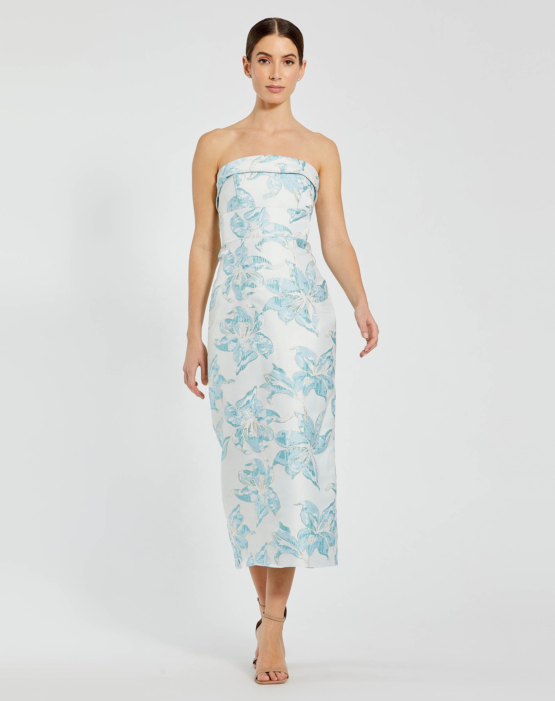 Blue Strapless Brocade Sheath Midi Dress - Mac Duggal