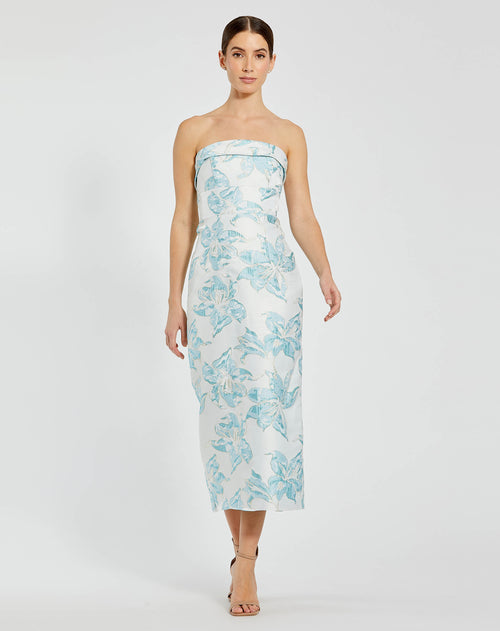Blue Strapless Brocade Sheath Midi Dress - Mac Duggal