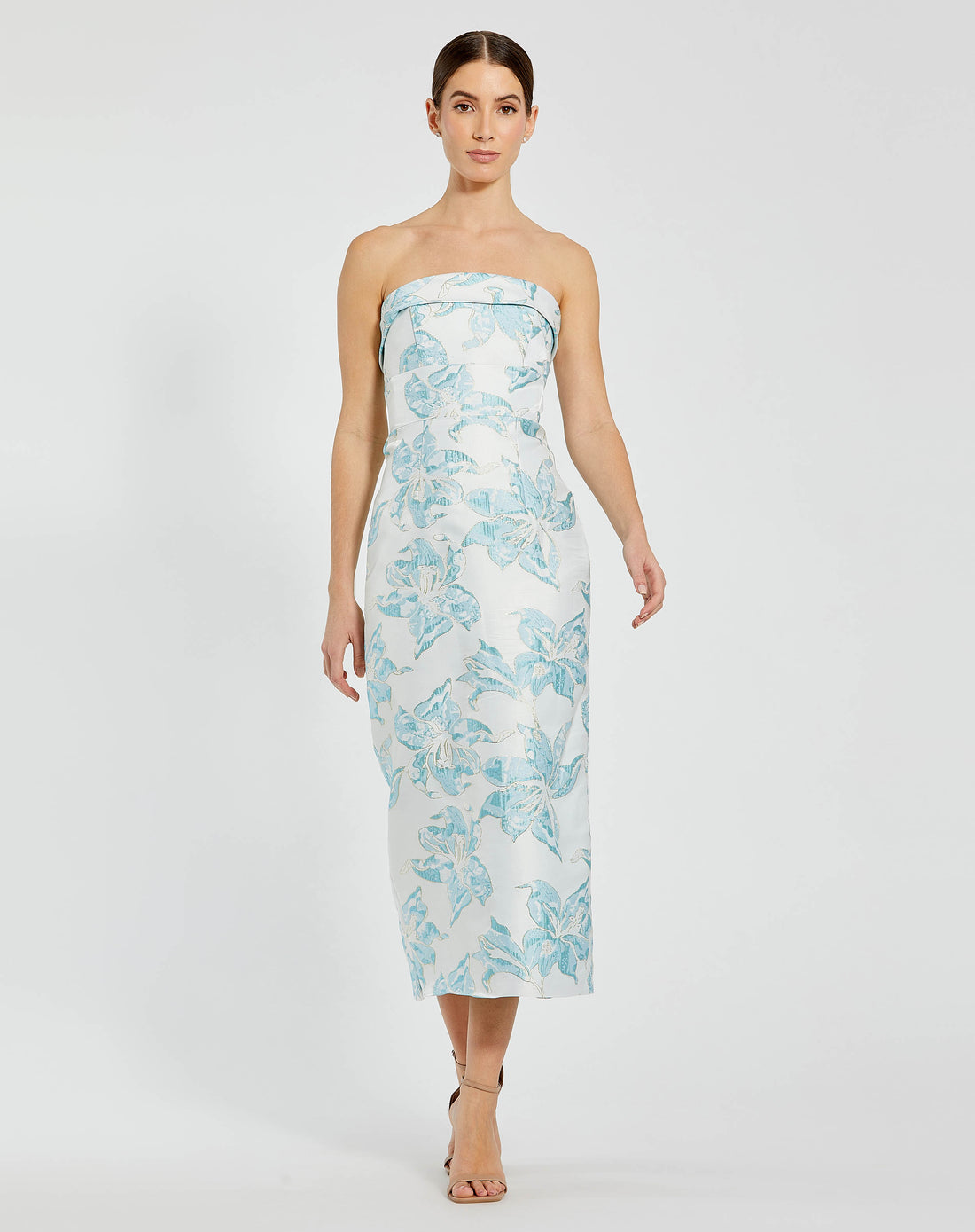 Blue Strapless Brocade Sheath Midi Dress - Mac Duggal