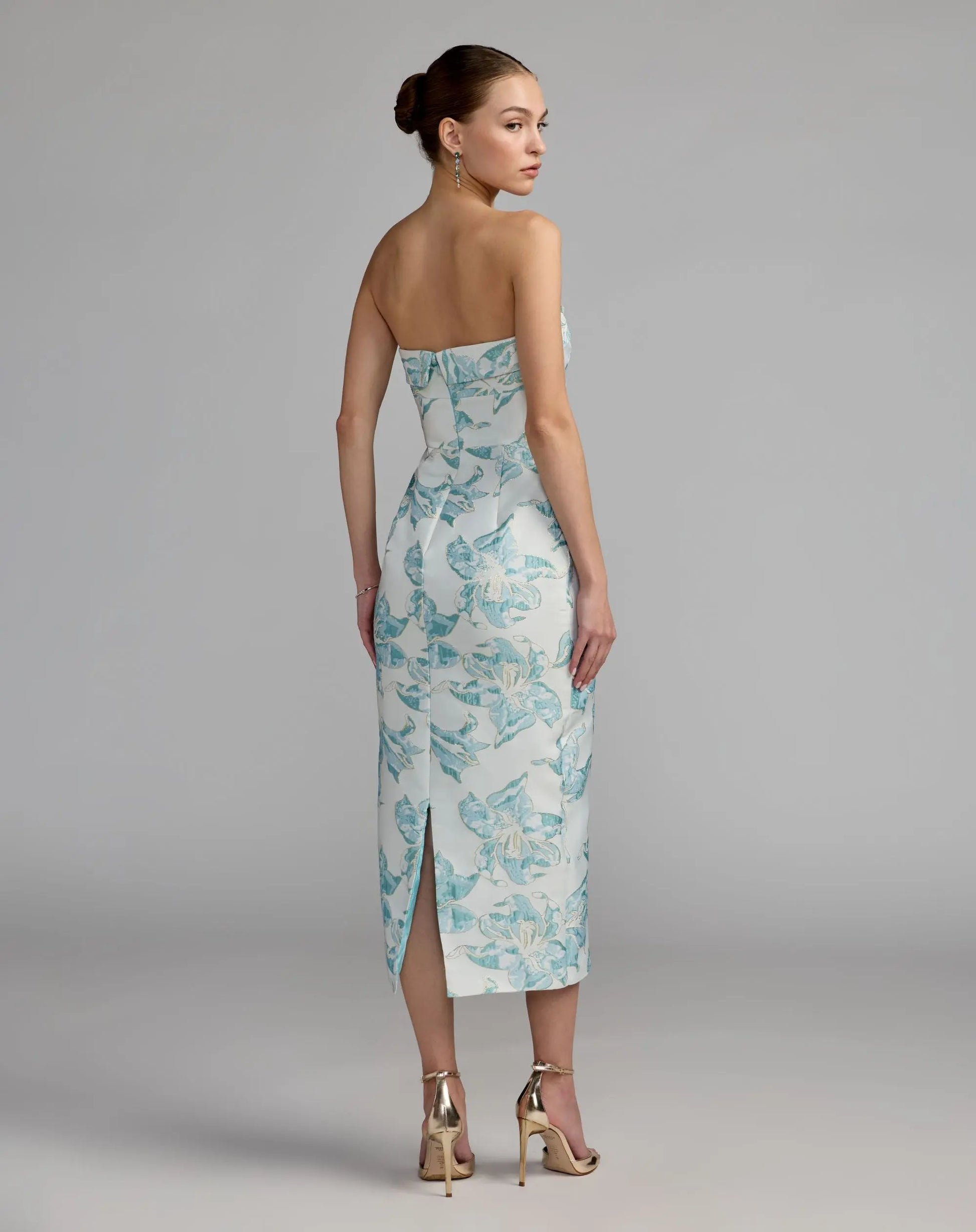 Blue and White Strapless Brocade Sheath Midi Dress | Mac Duggal Blue and White Strapless Brocade Sheath Midi Dress | Mac Duggal
