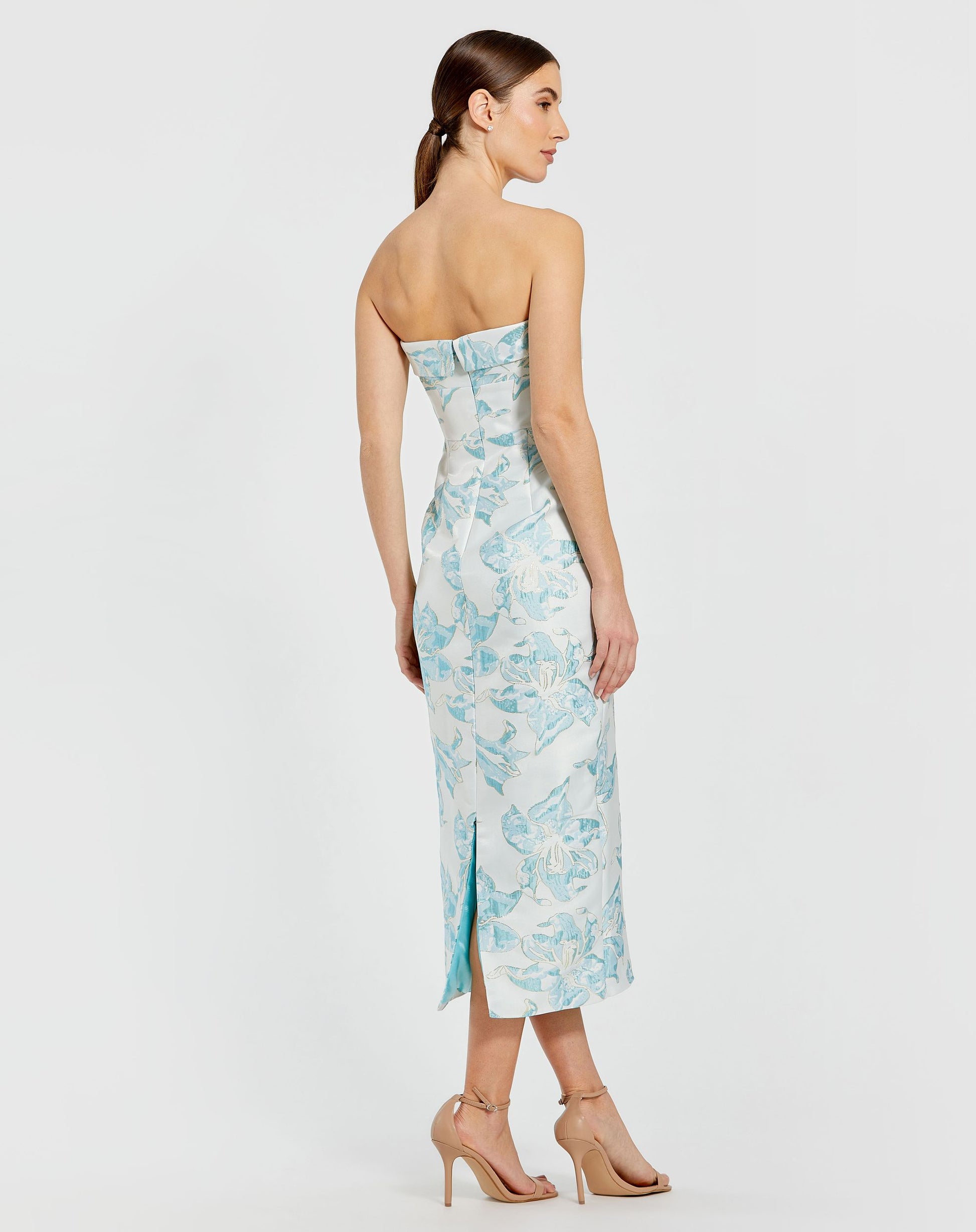 Blue Strapless Brocade Sheath Midi Dress - Mac Duggal