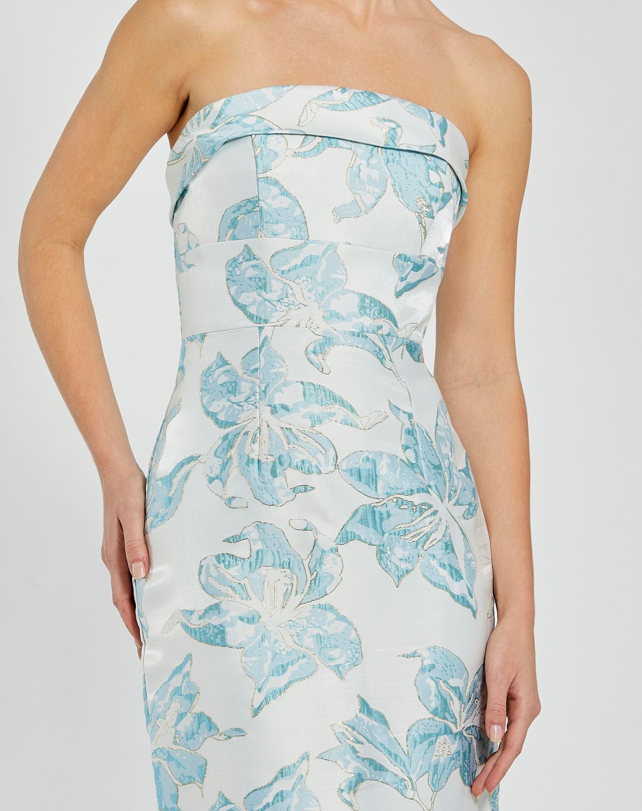 Blue Strapless Brocade Sheath Midi Dress - Mac Duggal