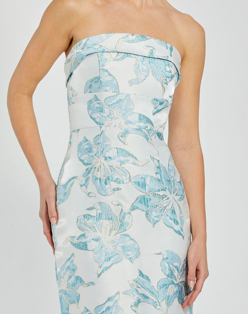 Blue Strapless Brocade Sheath Midi Dress - Mac Duggal