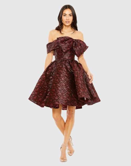 Brocade Off the Shoulder Mini Dress