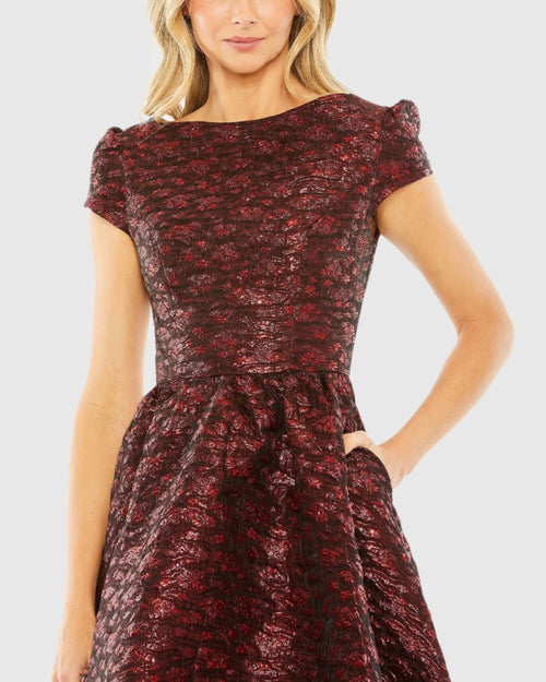 High Neck Brocade Bubble Hem Dress