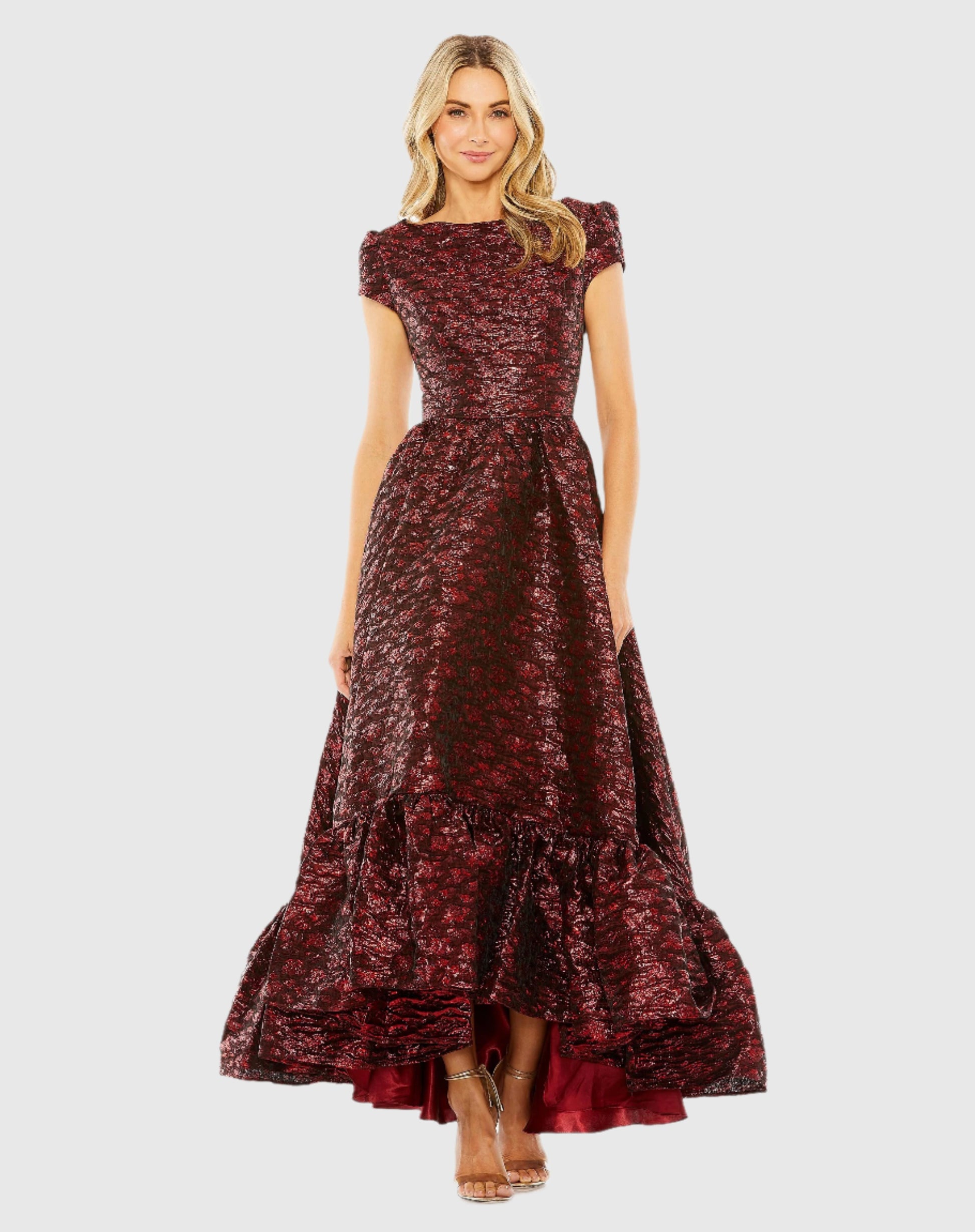 High Neck Brocade Bubble Hem Dress