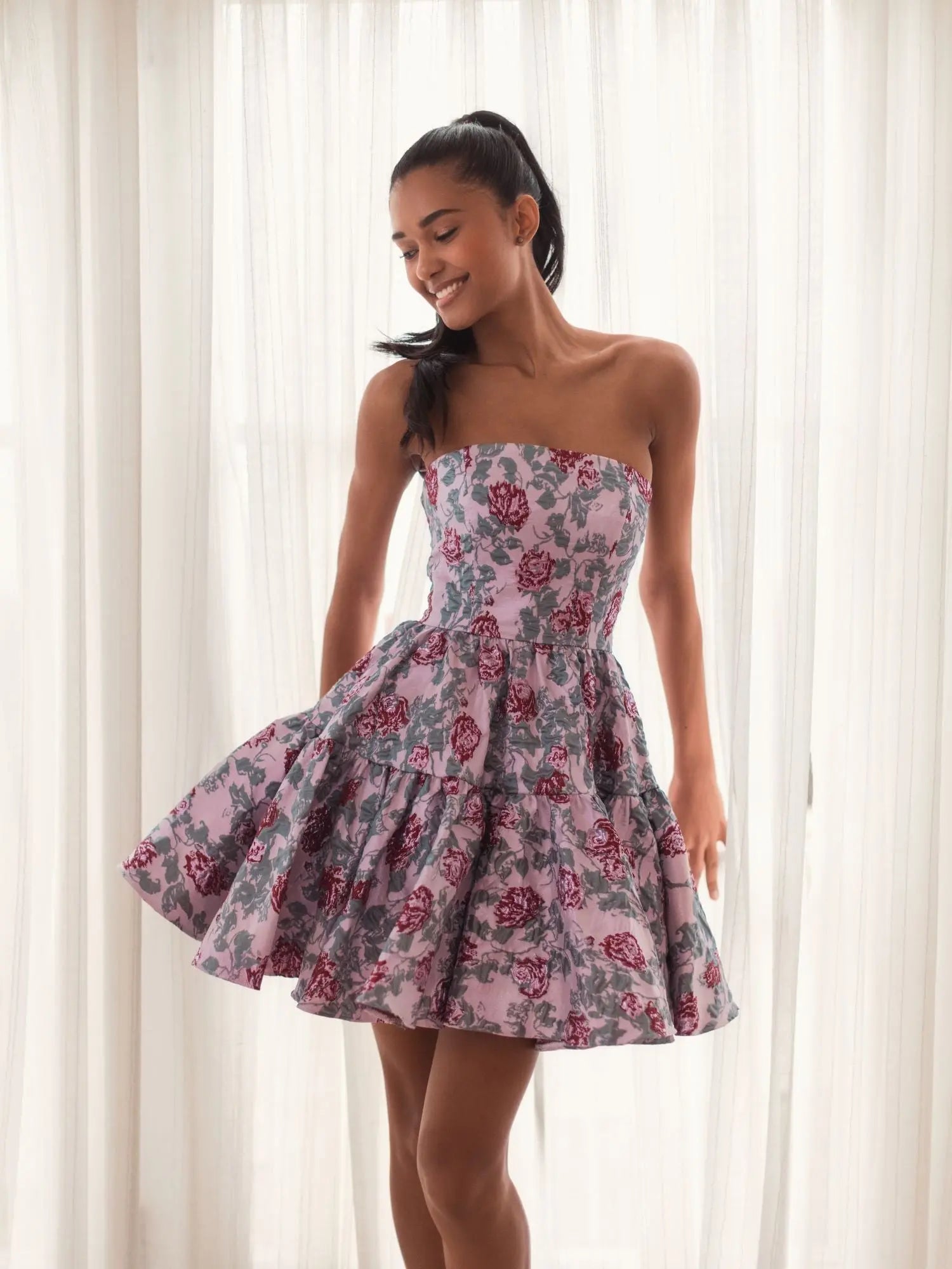 Pink Strapless Brocade Mini Dress Pink Strapless Brocade Mini Dress