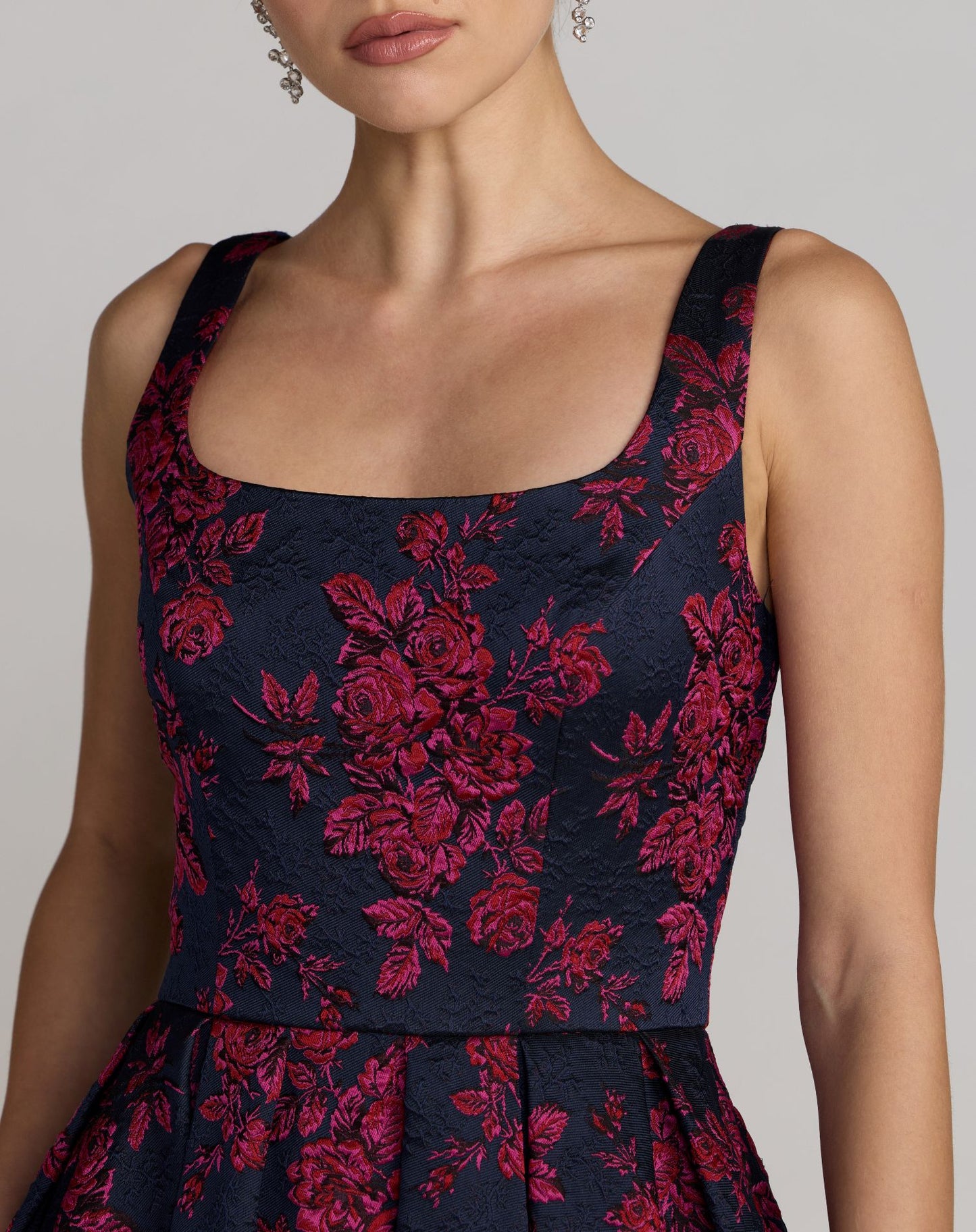 Navy Brocade Floral A-Line Dress With Pockets