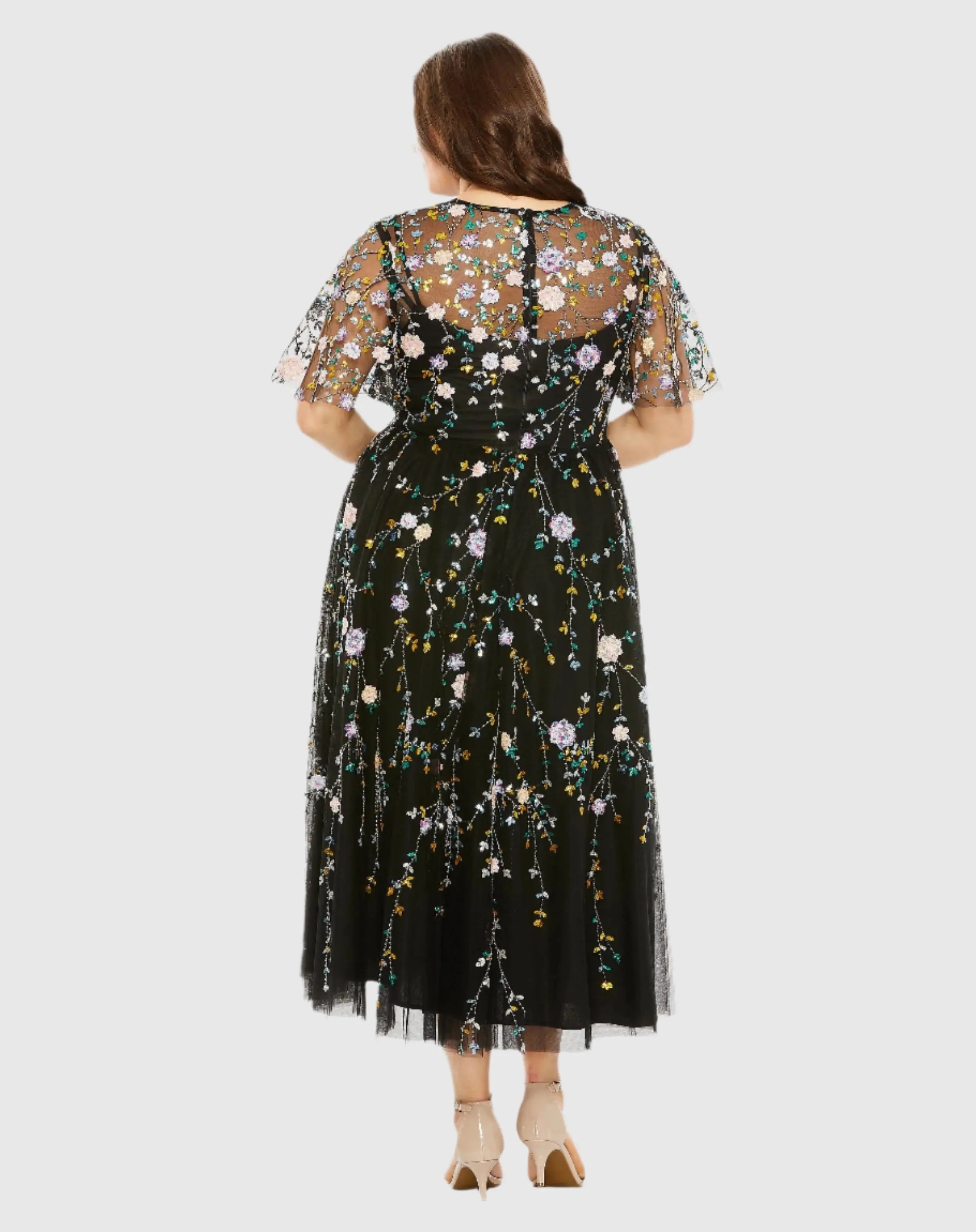 Black Floral Embroidered A-Line Midi Dress (Plus) | Mac Duggal Black Floral Embroidered A-Line Midi Dress (Plus) | Mac Duggal
