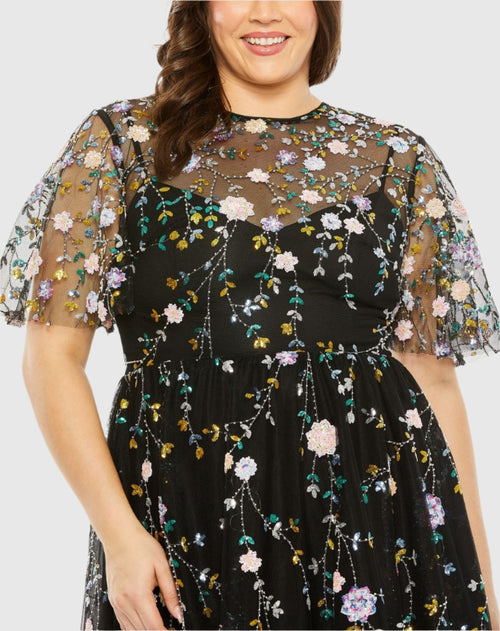 Vestido bordado floral com lantejoulas