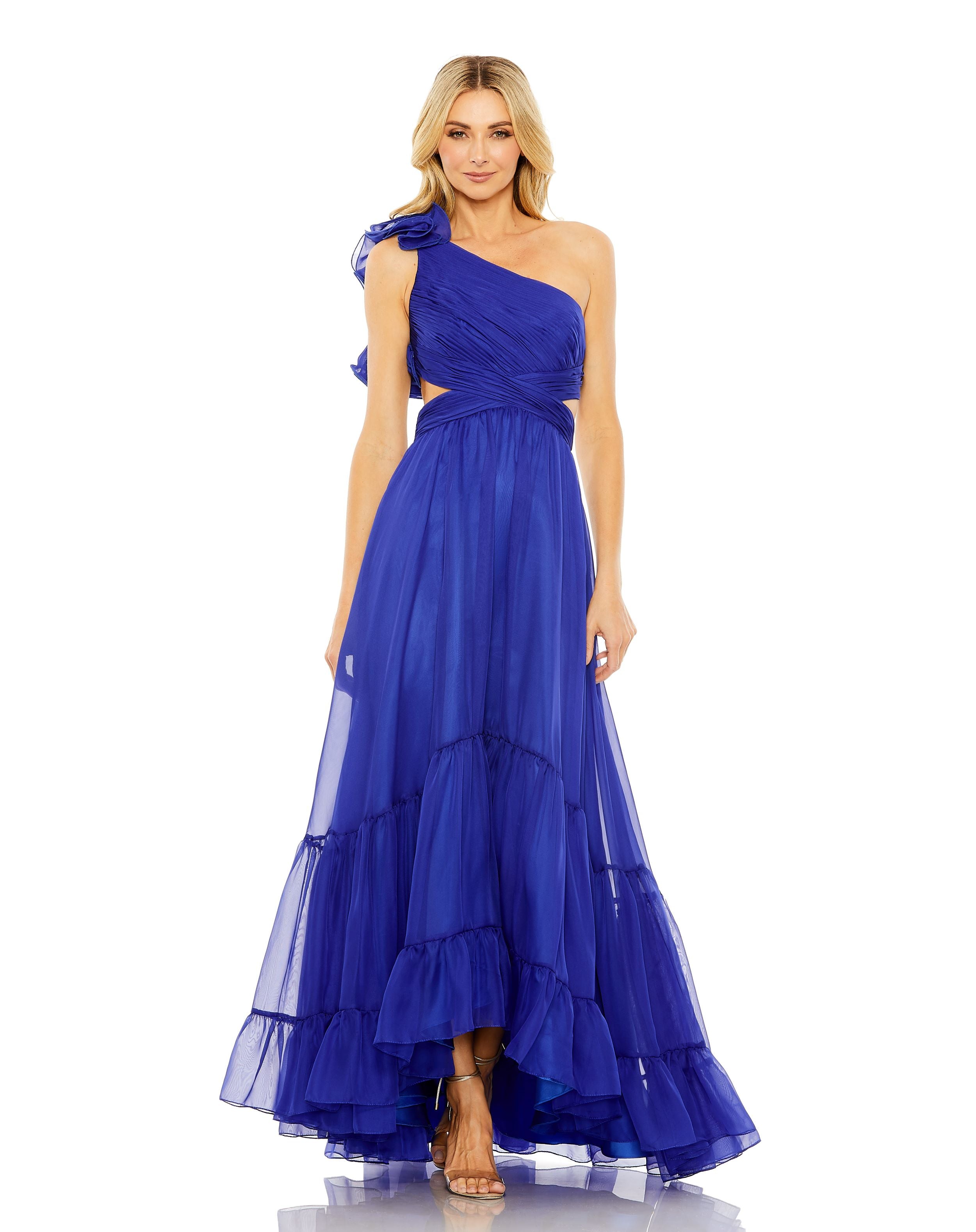 One Shoulder Ruffle Tiered Cut-Out Chiffon Gown