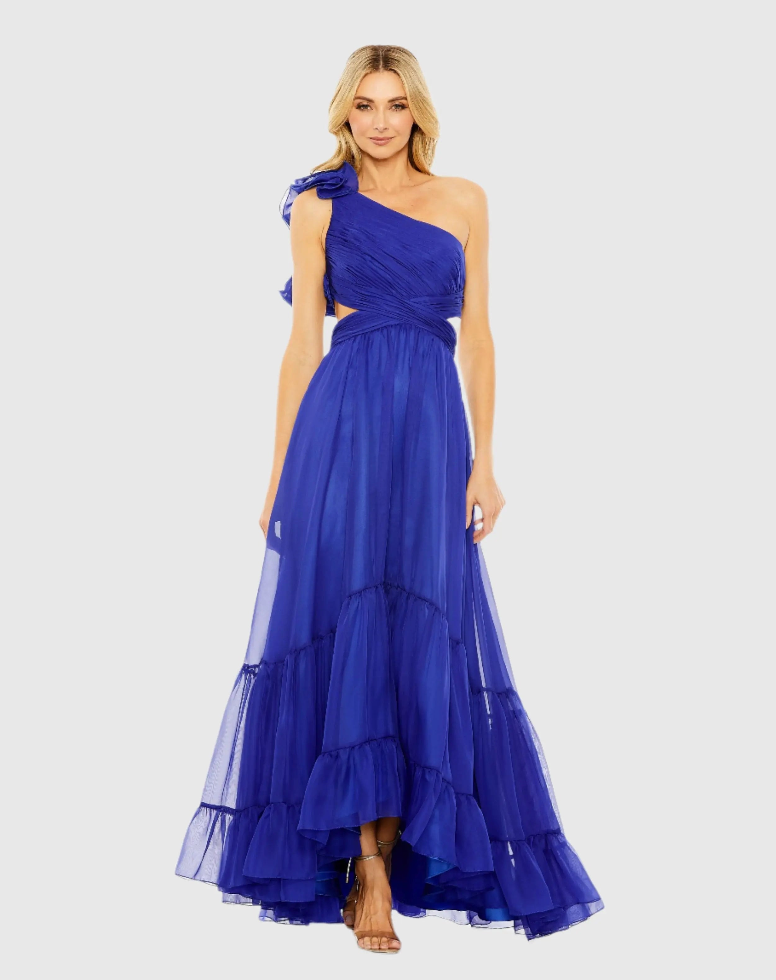Blue One Shoulder Ruffle Tiered Cut-Out Chiffon Gown - Mac Duggal