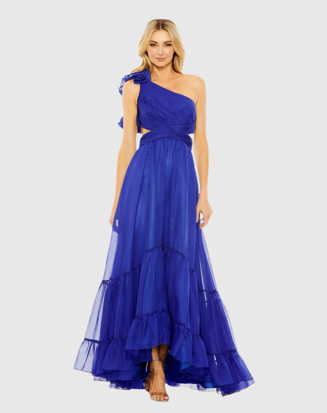 one shoulder ruffle dress blue One Shoulder Pleated Gown with Floral Ruffle Detail 47202