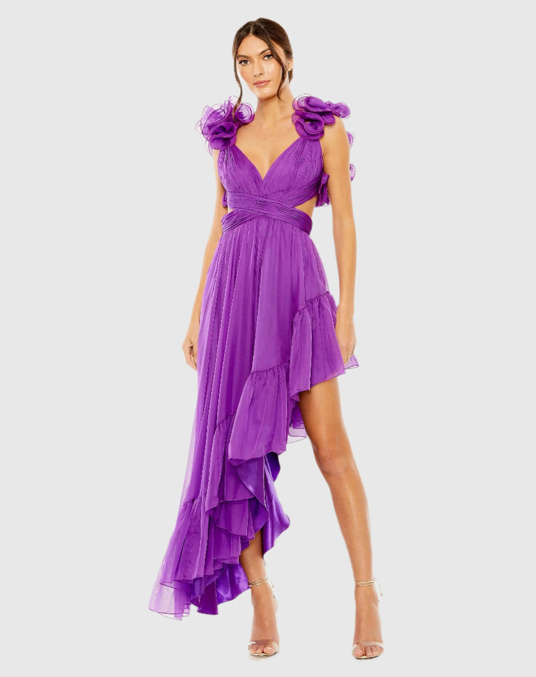 Purple Ruffle Tiered Cut-Out Chiffon High Low Gown - Mac Duggal