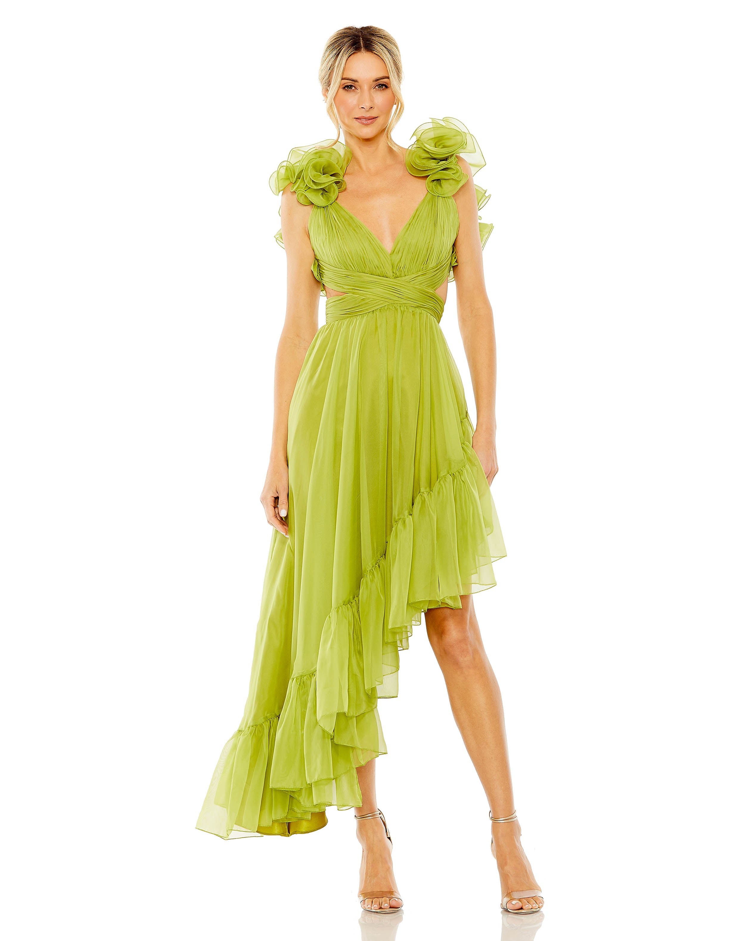 Ruffle Tiered Cut-Out Chiffon High Low Gown