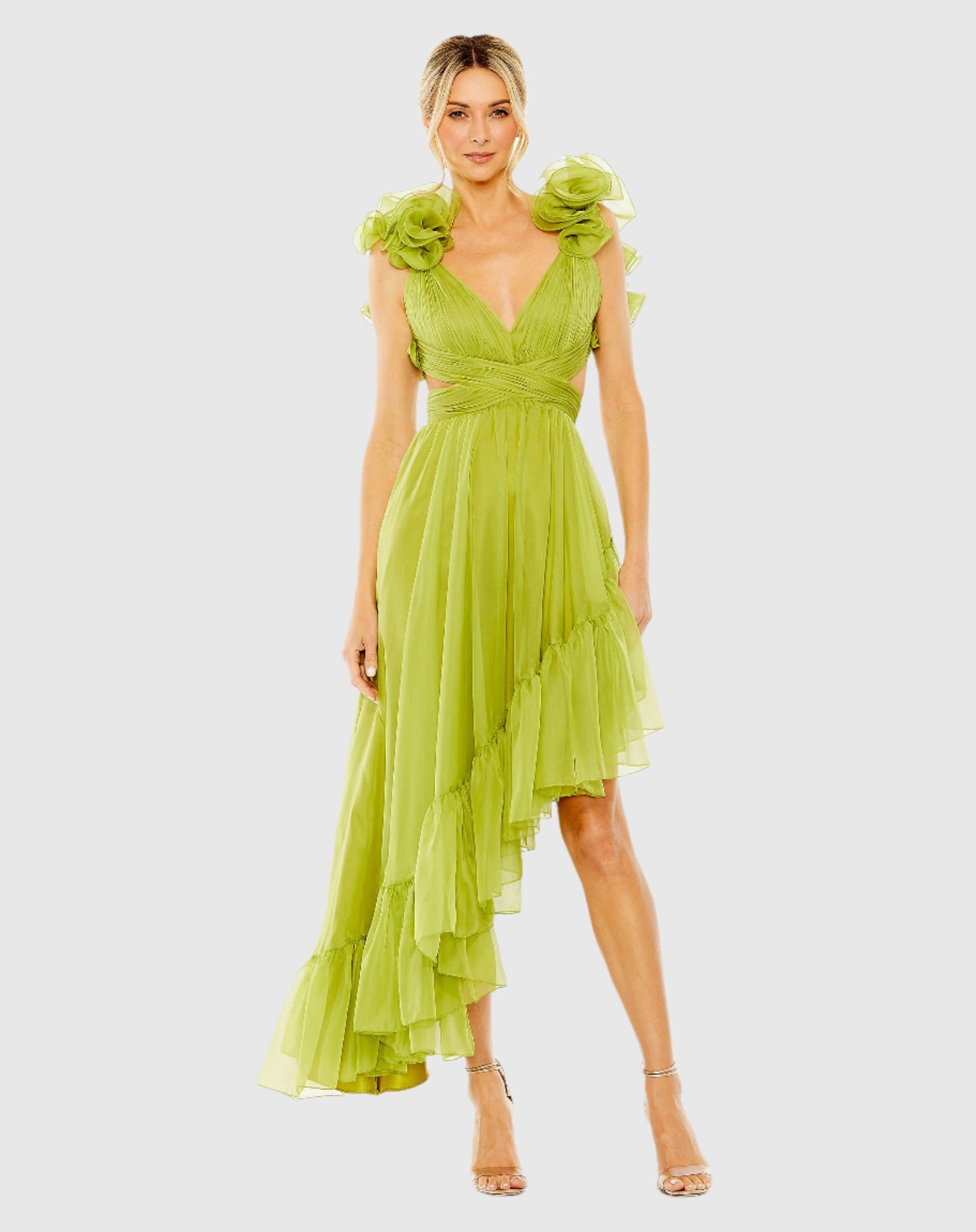 Chiffonkleid mit Stufenschnitt, Rüschen und Cut-Outs, High Low