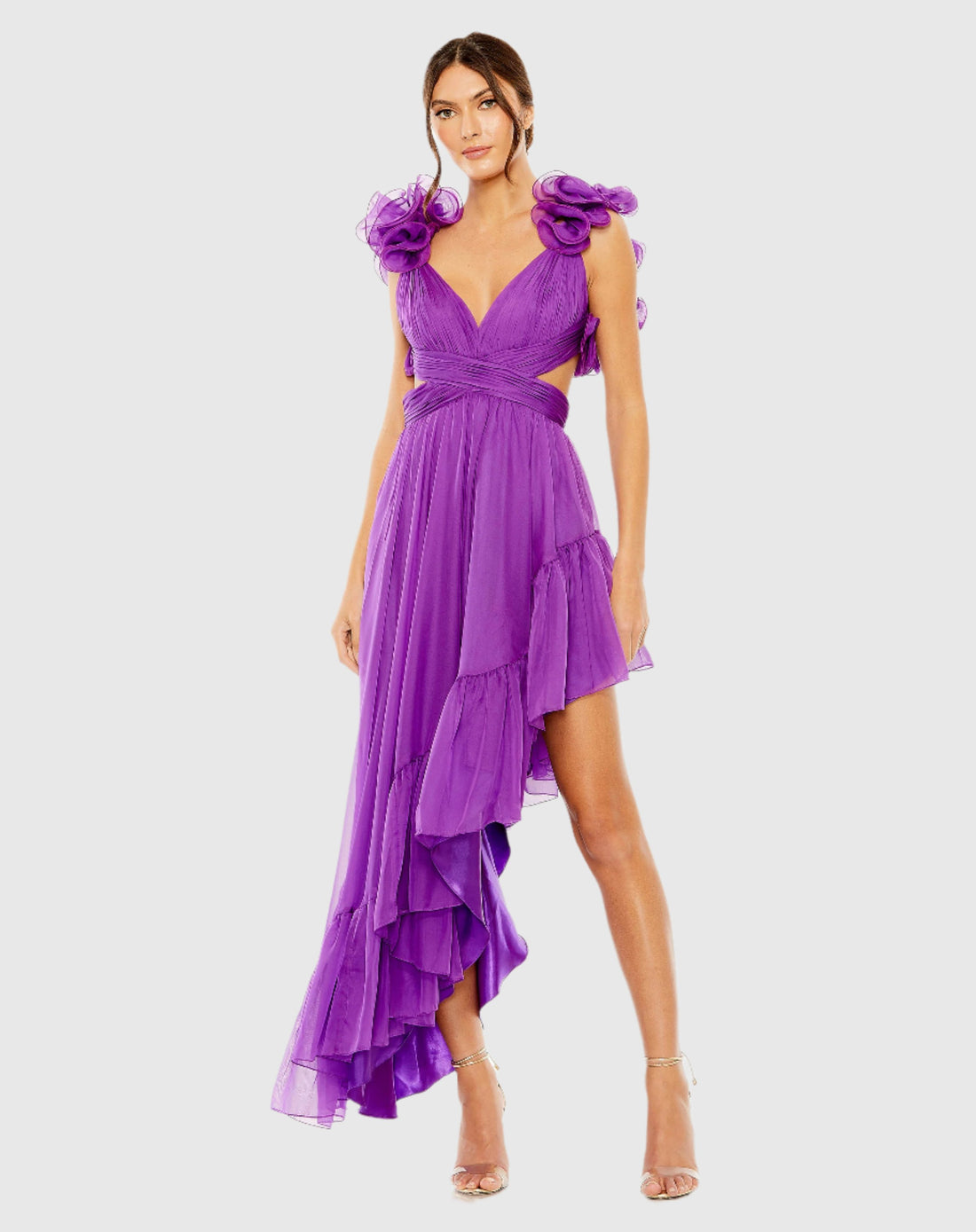 Ruffle Tiered Cut-Out Chiffon High Low Gown