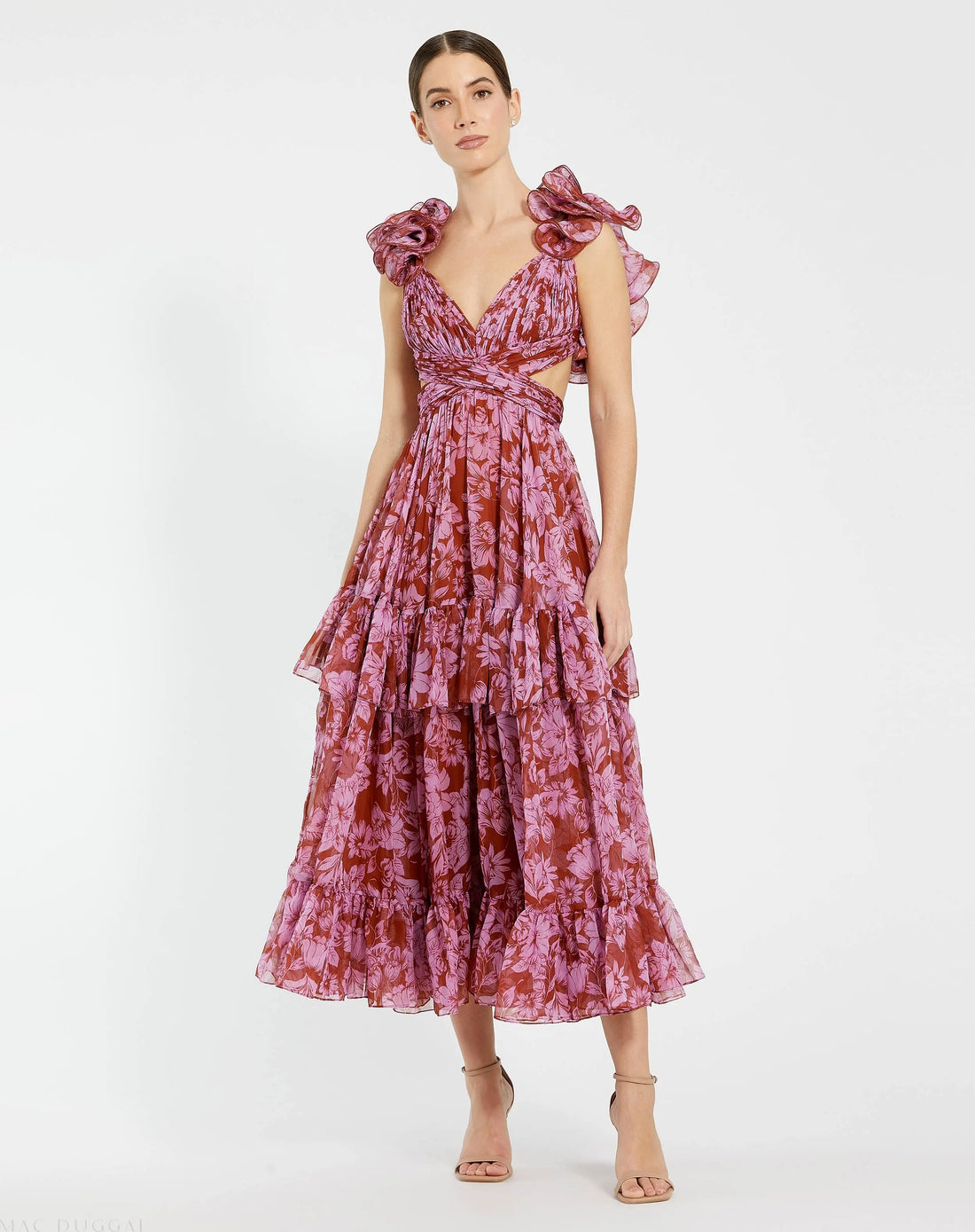 Mac Duggal Floral Ruffle Tiered Cut-Out Chiffon Dress - Red Multi Mac Duggal Floral Ruffle Tiered Cut-Out Chiffon Dress - Red Multi