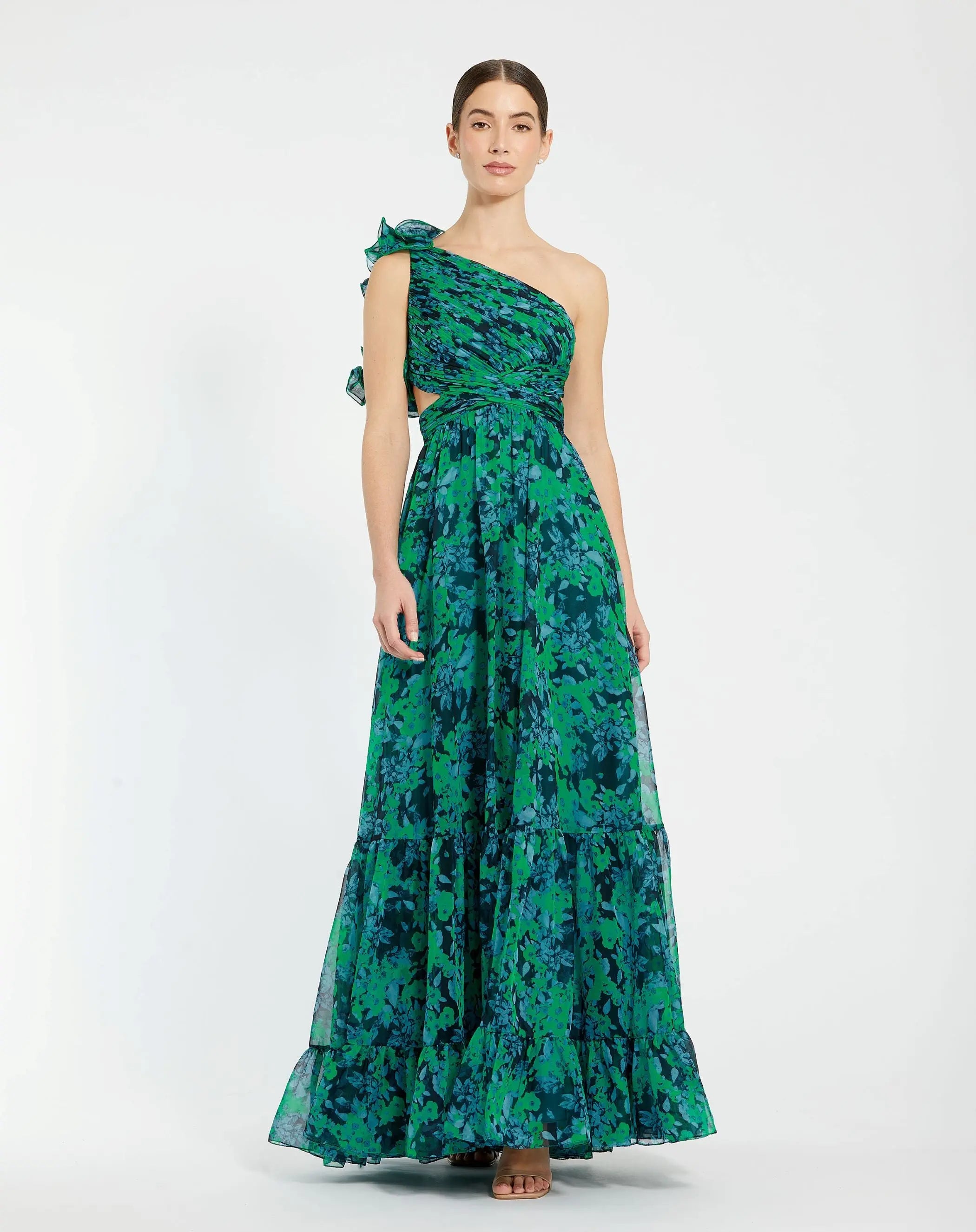 Green One Shoulder Ruffle Tiered Cut-Out Chiffon Gown - Mac Duggal