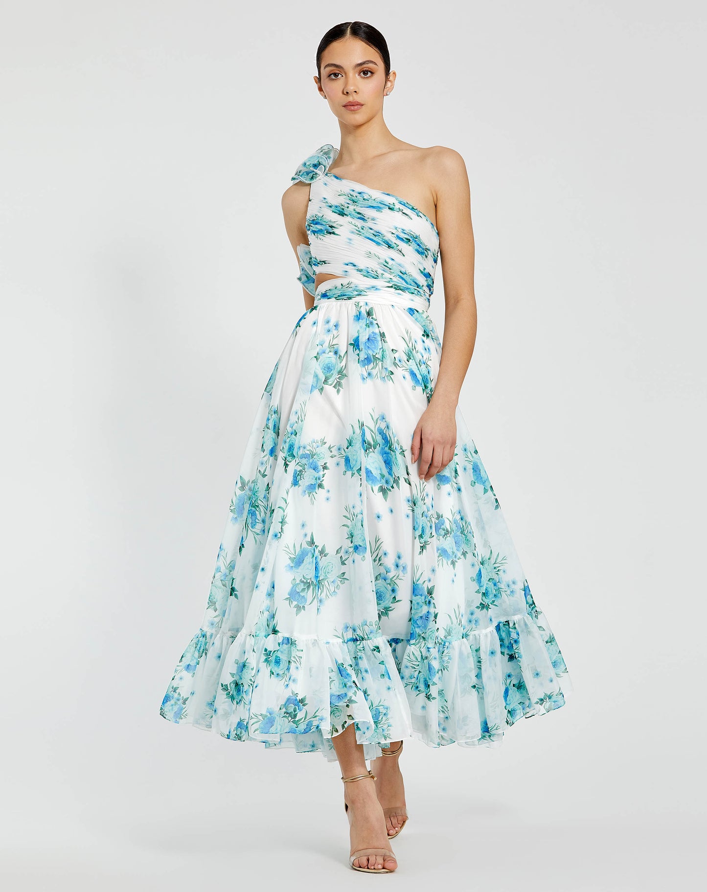 One Shoulder Ruffle Cut-Out Chiffon Midi Dress