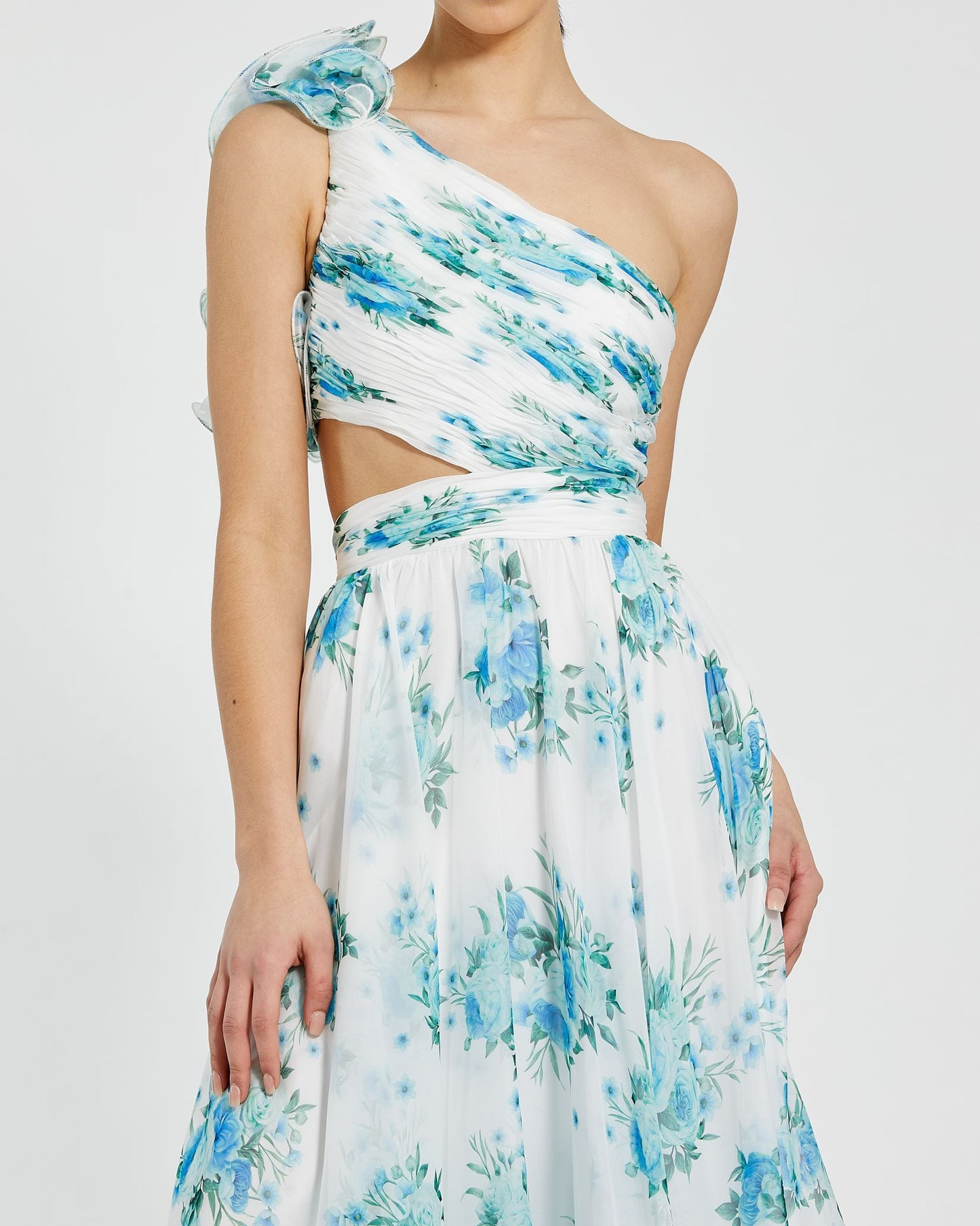 One Shoulder Ruffle Cut-Out Chiffon Midi Dress