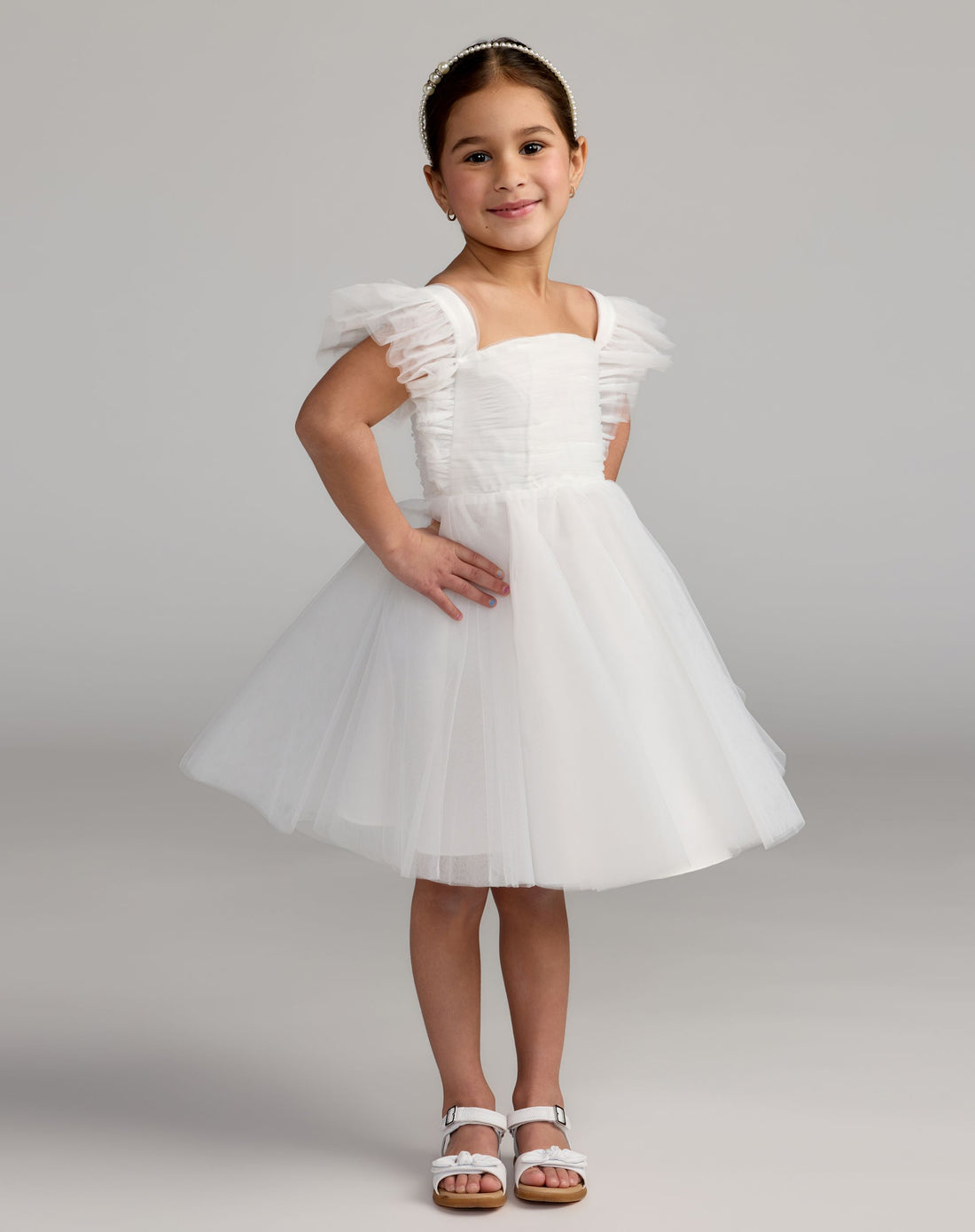 Girl's White Ruffle Shoulder Tulle Dress - Mac Duggal