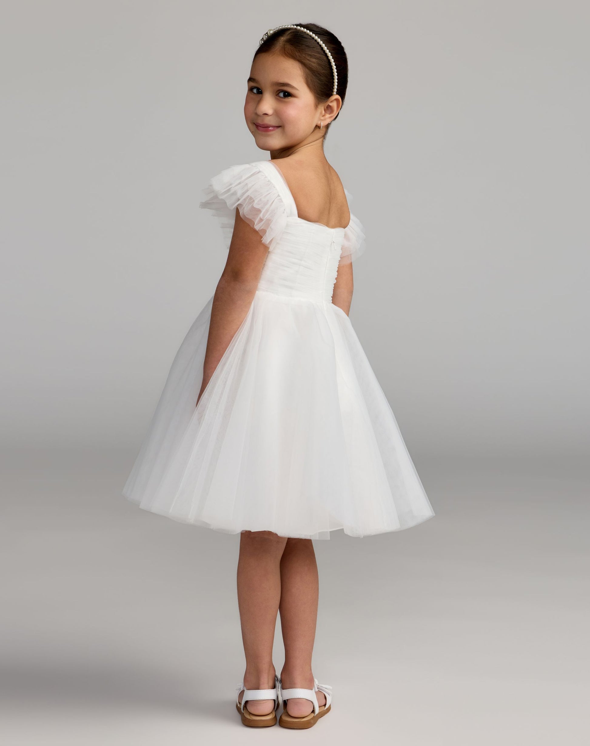 Girl's White Ruffle Shoulder Tulle Dress - Mac Duggal