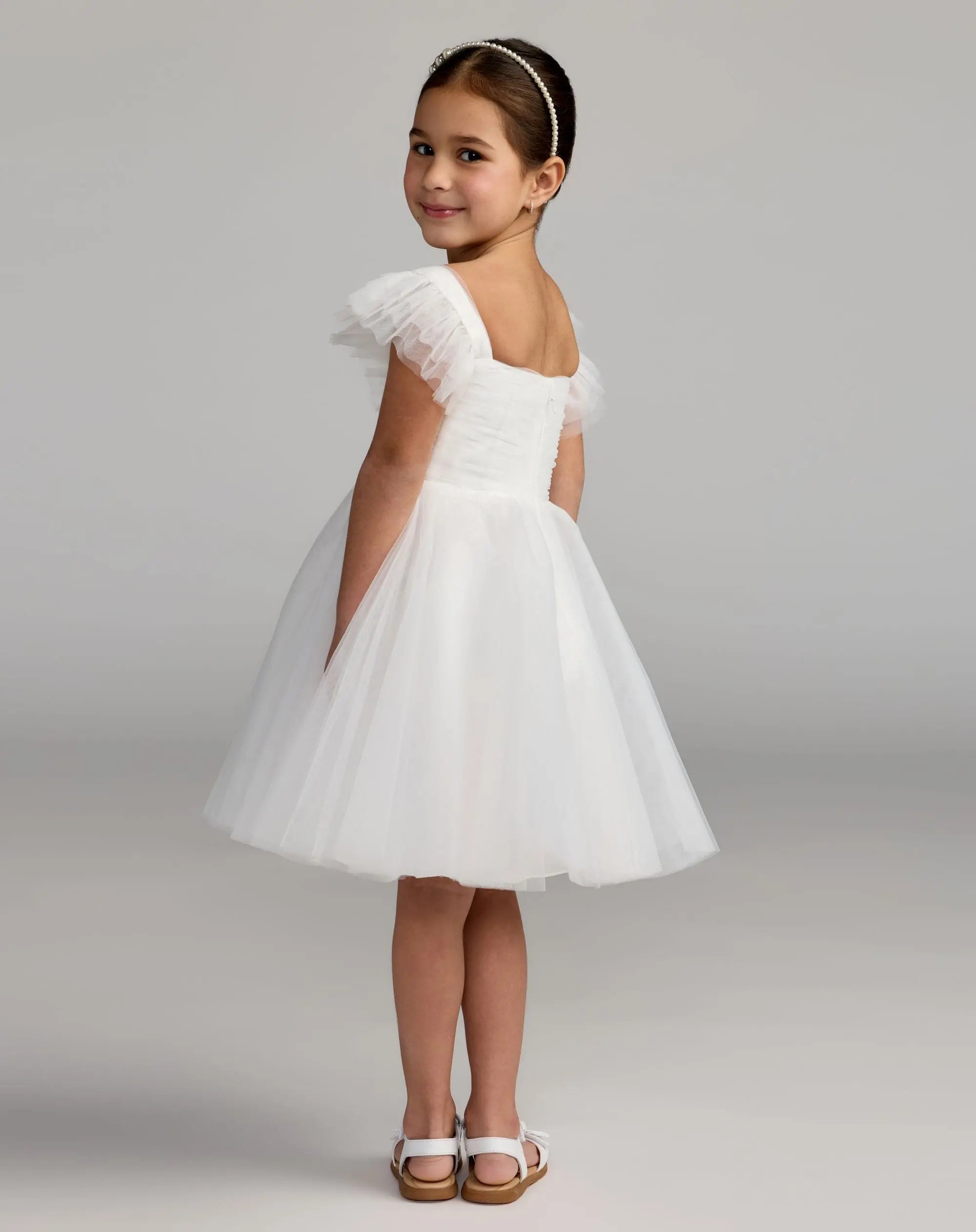 Girl's White Ruffle Shoulder Tulle Dress - Mac Duggal