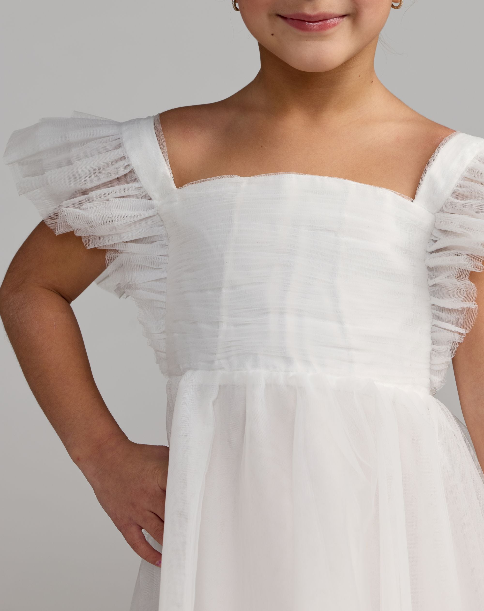 Girl's White Ruffle Shoulder Tulle Dress - Mac Duggal