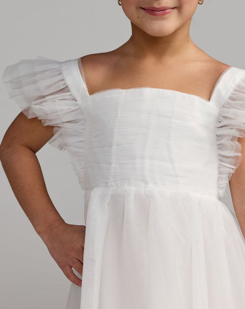 Girl's White Ruffle Shoulder Tulle Dress - Mac Duggal