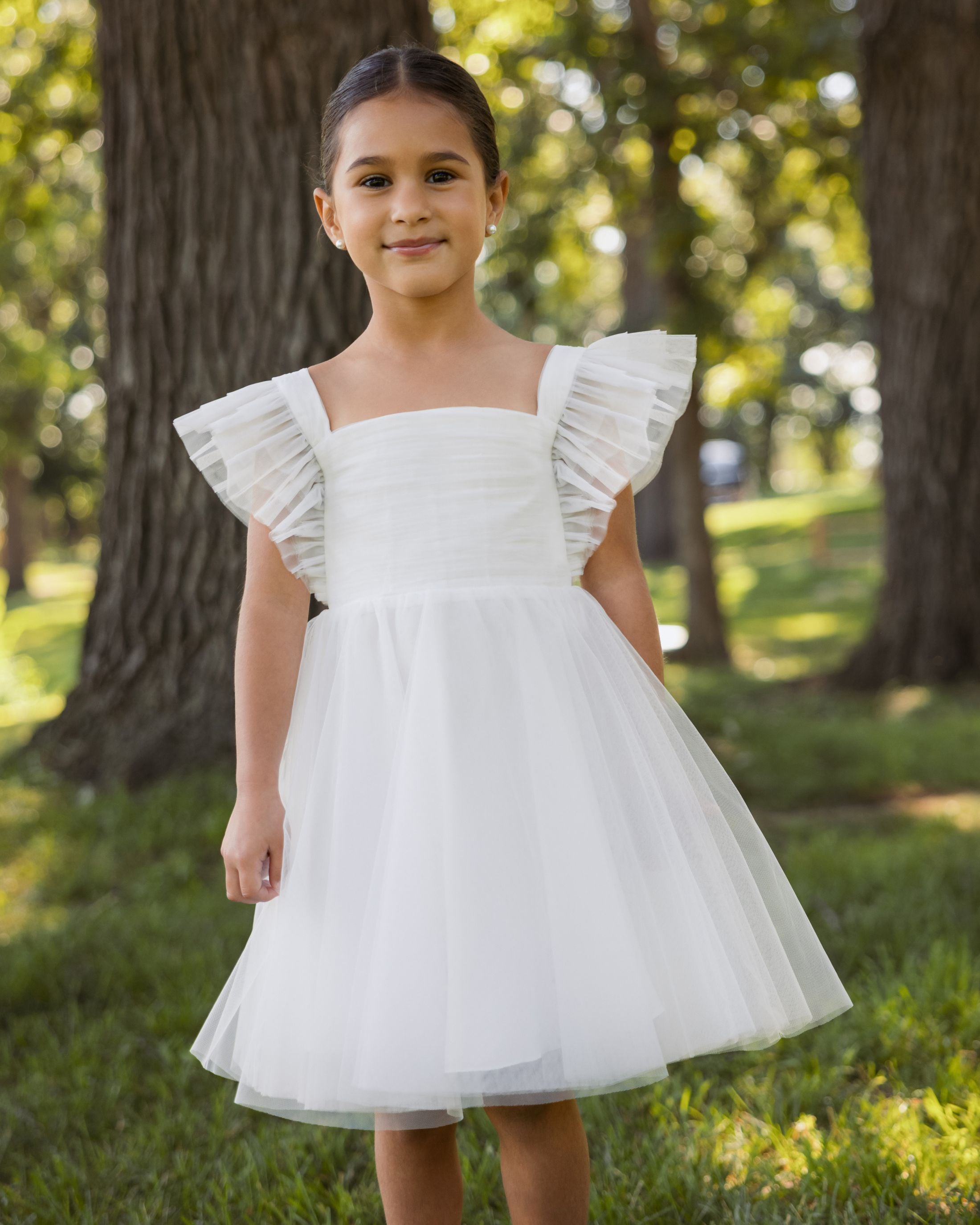 Girl's White Ruffle Shoulder Tulle Dress - Mac Duggal