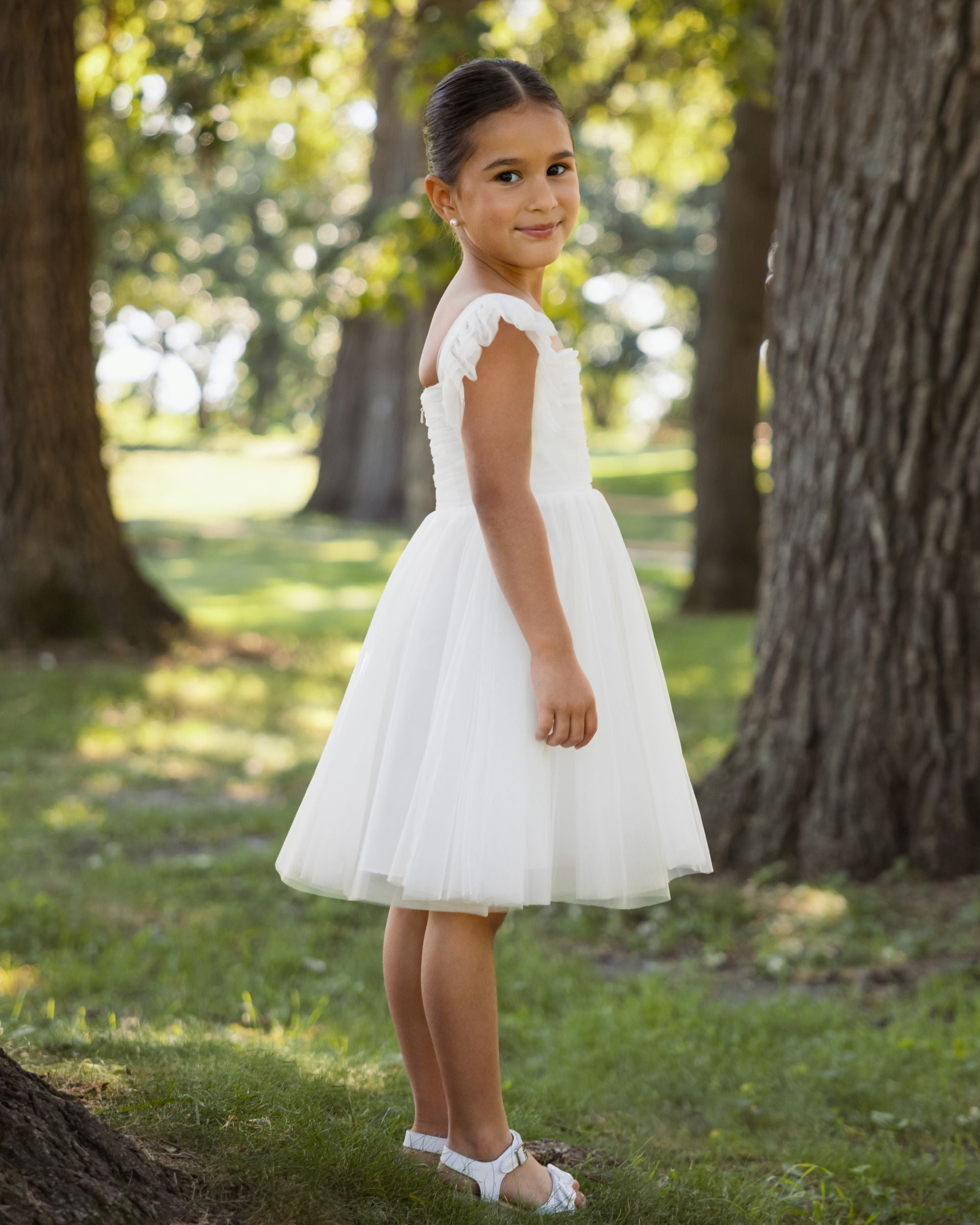 Girl's White Ruffle Shoulder Tulle Dress - Mac Duggal
