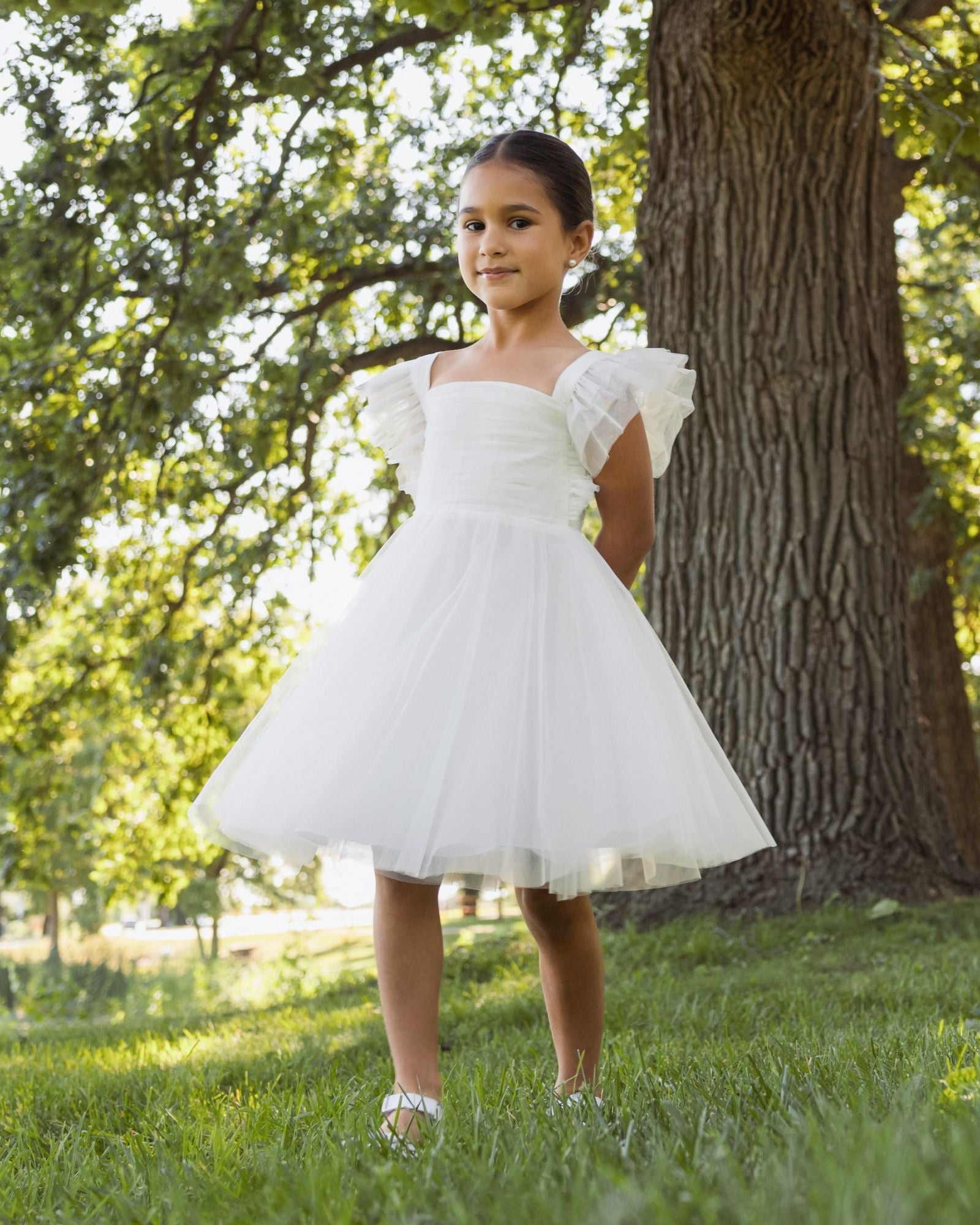 Girl's White Ruffle Shoulder Tulle Dress - Mac Duggal