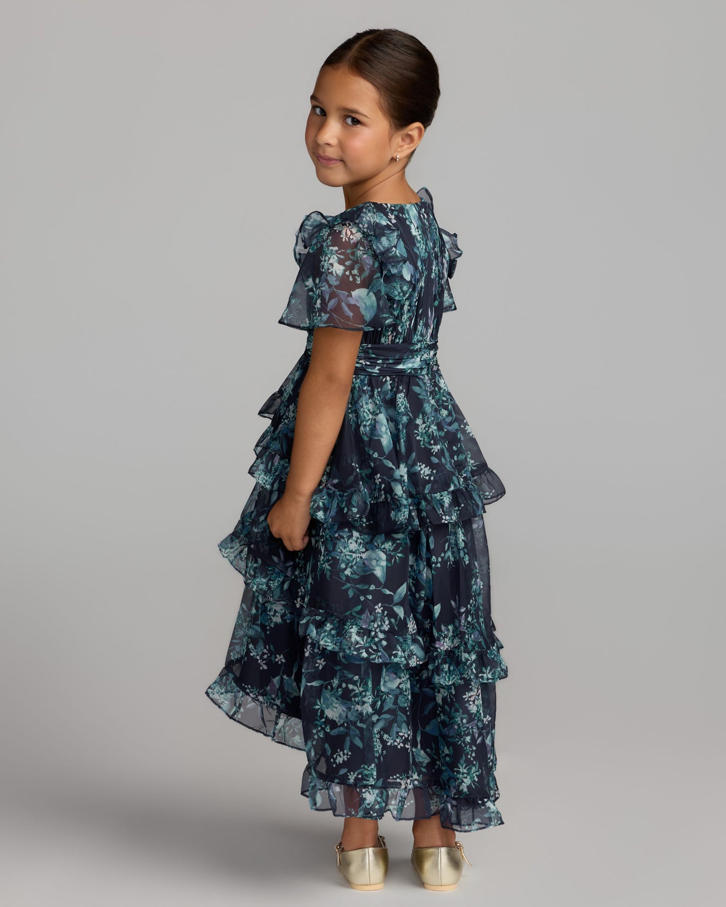 Girls Navy Floral Chiffon Tiered Ruffle Dress Mac Duggal