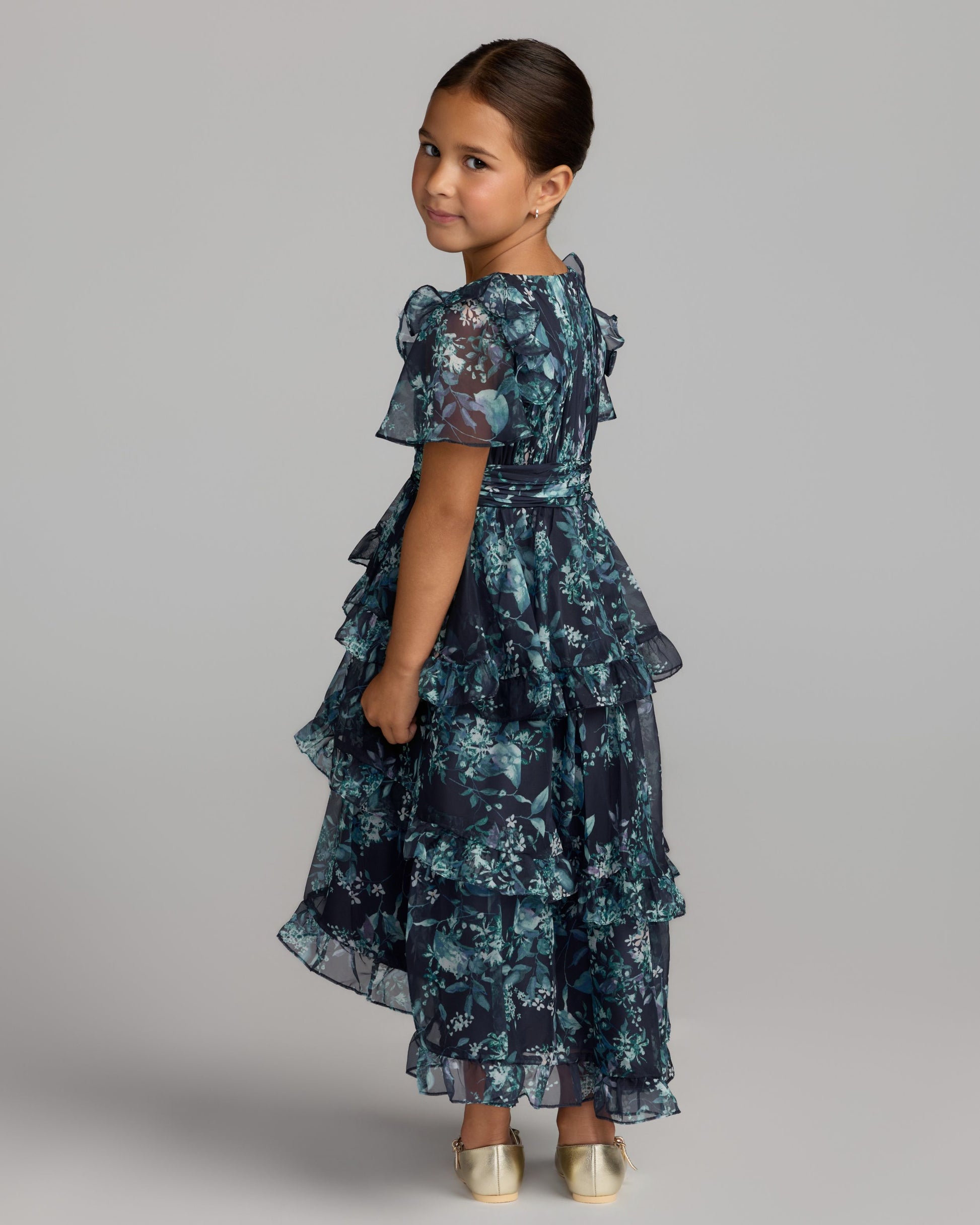 Girls Navy Floral Chiffon Tiered Ruffle Dress Mac Duggal