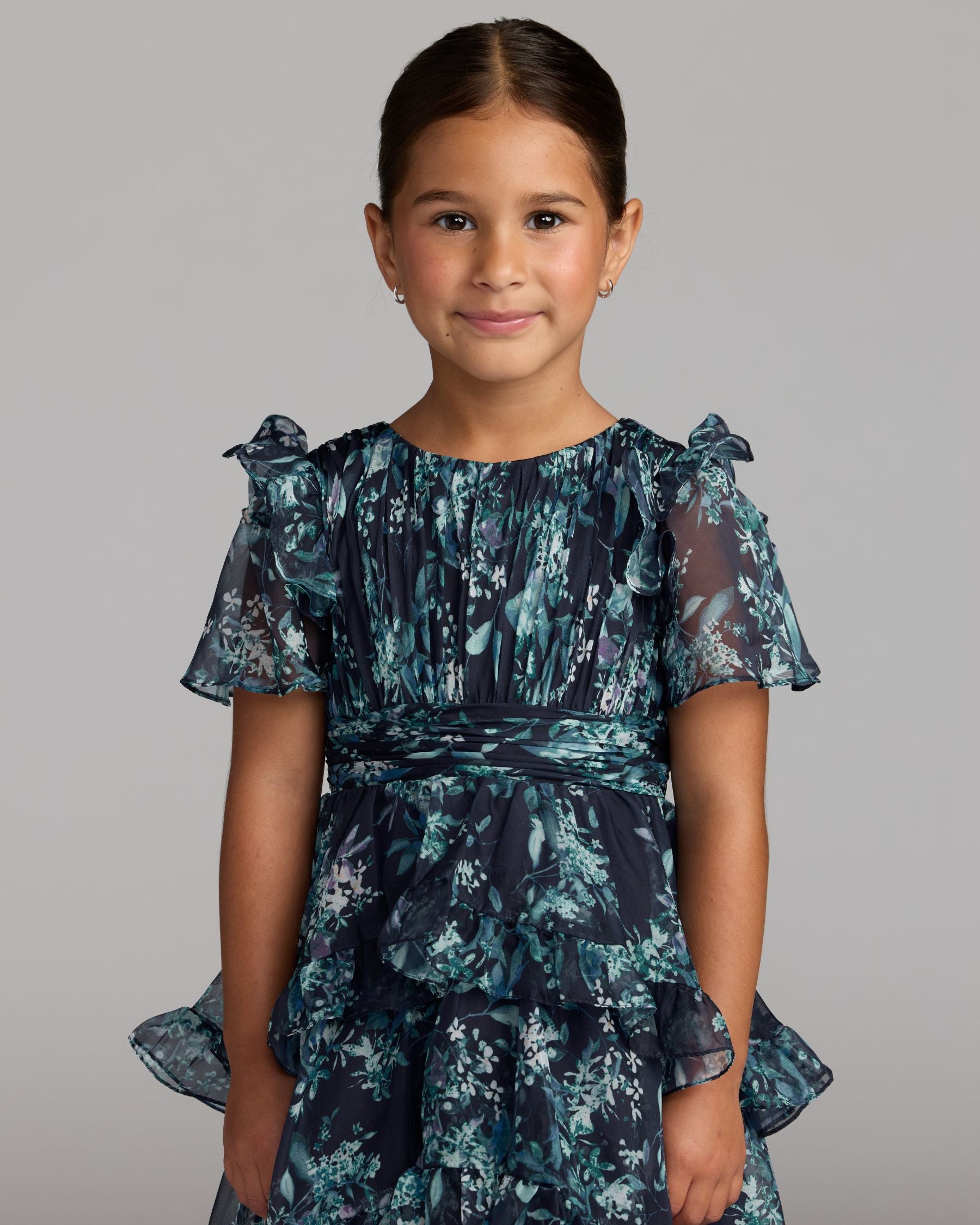 Girls Navy Floral Chiffon Tiered Ruffle Dress Mac Duggal
