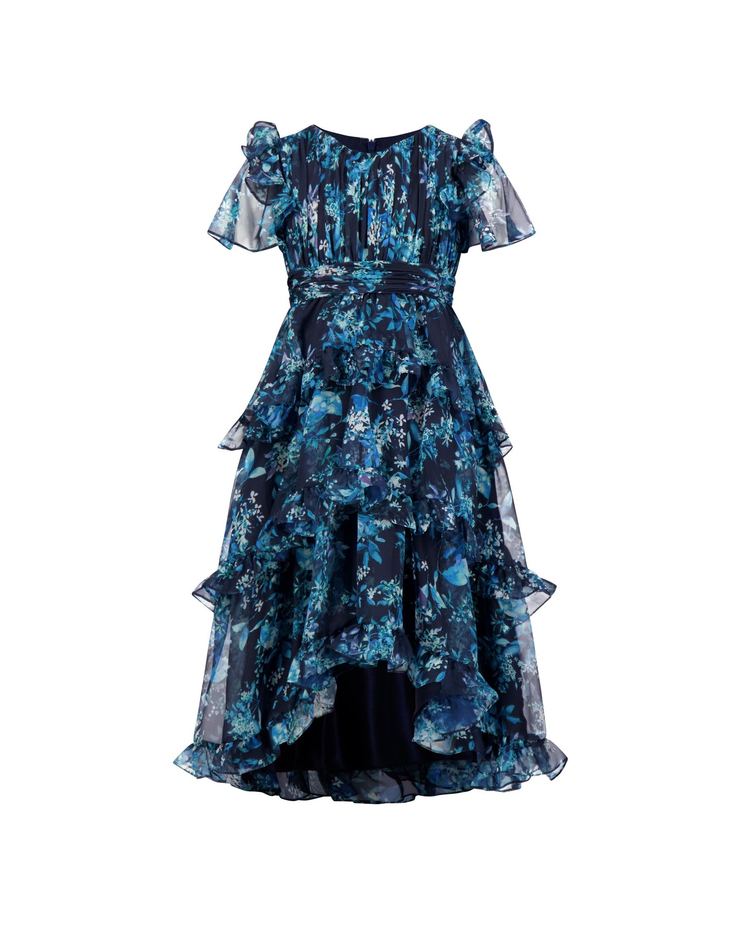 Girls Navy Floral Chiffon Tiered Ruffle Dress Mac Duggal
