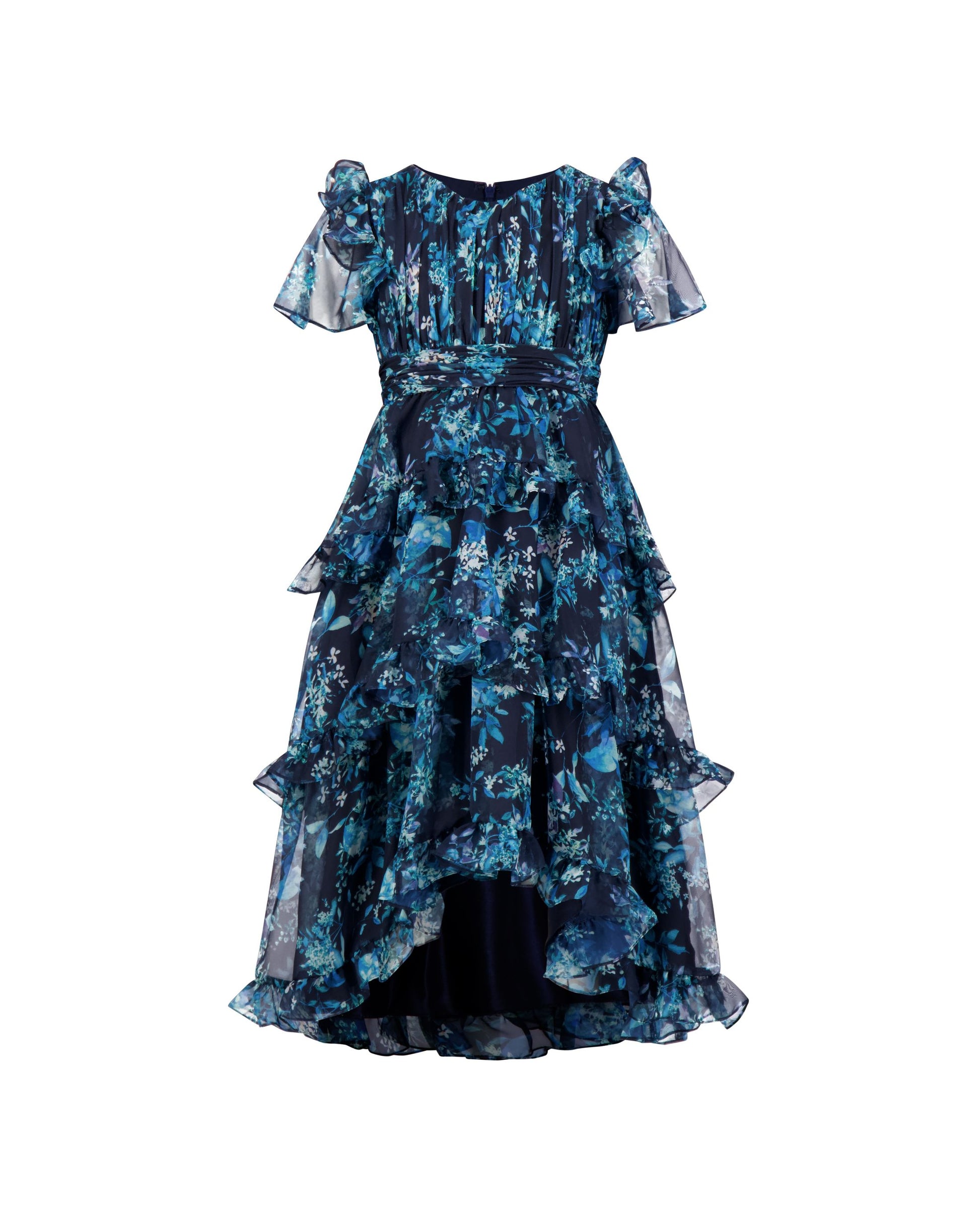 Girls Navy Floral Chiffon Tiered Ruffle Dress Mac Duggal