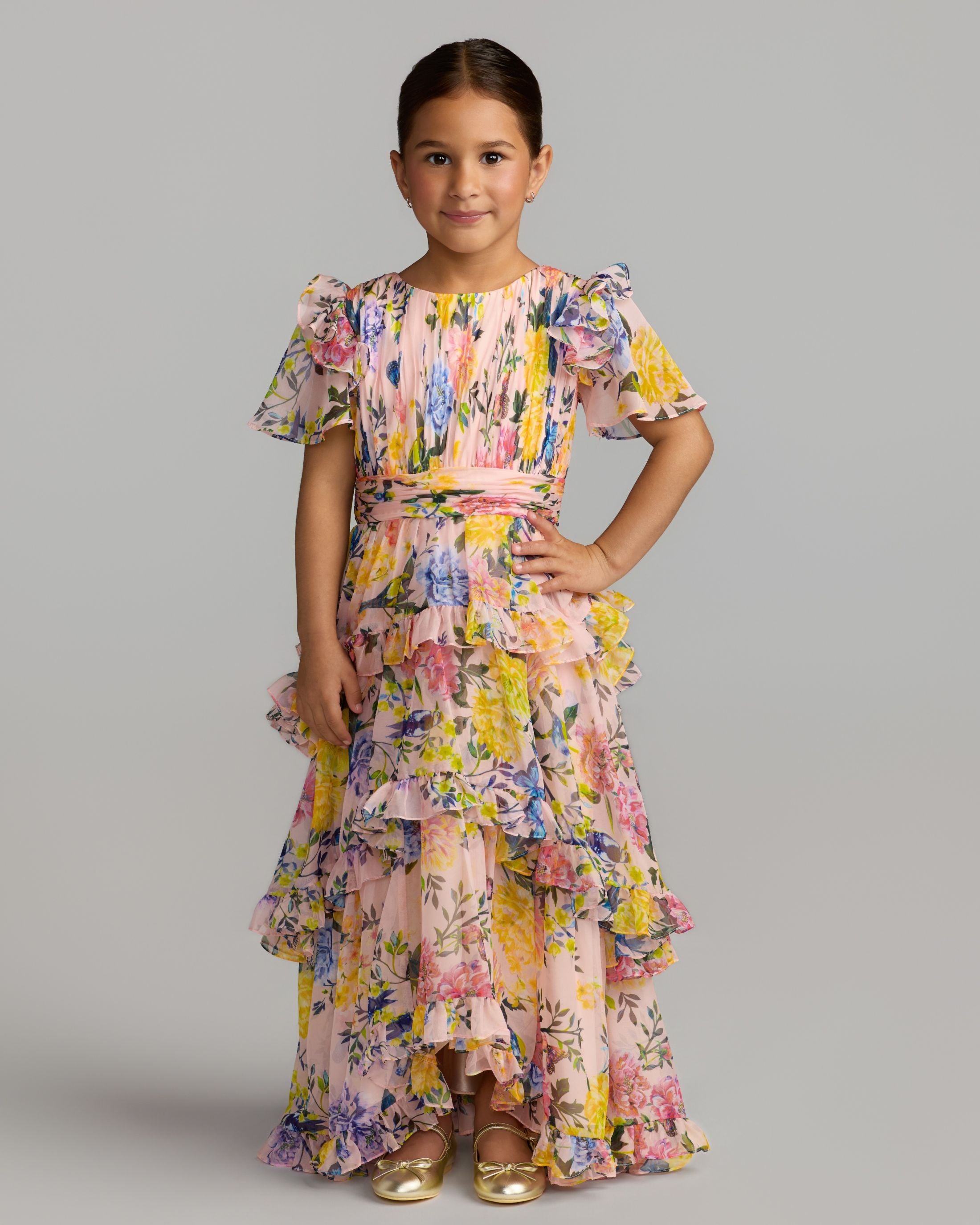 Girls Pink Multicolor Floral Chiffon Tiered Ruffle Dress Mac Duggal