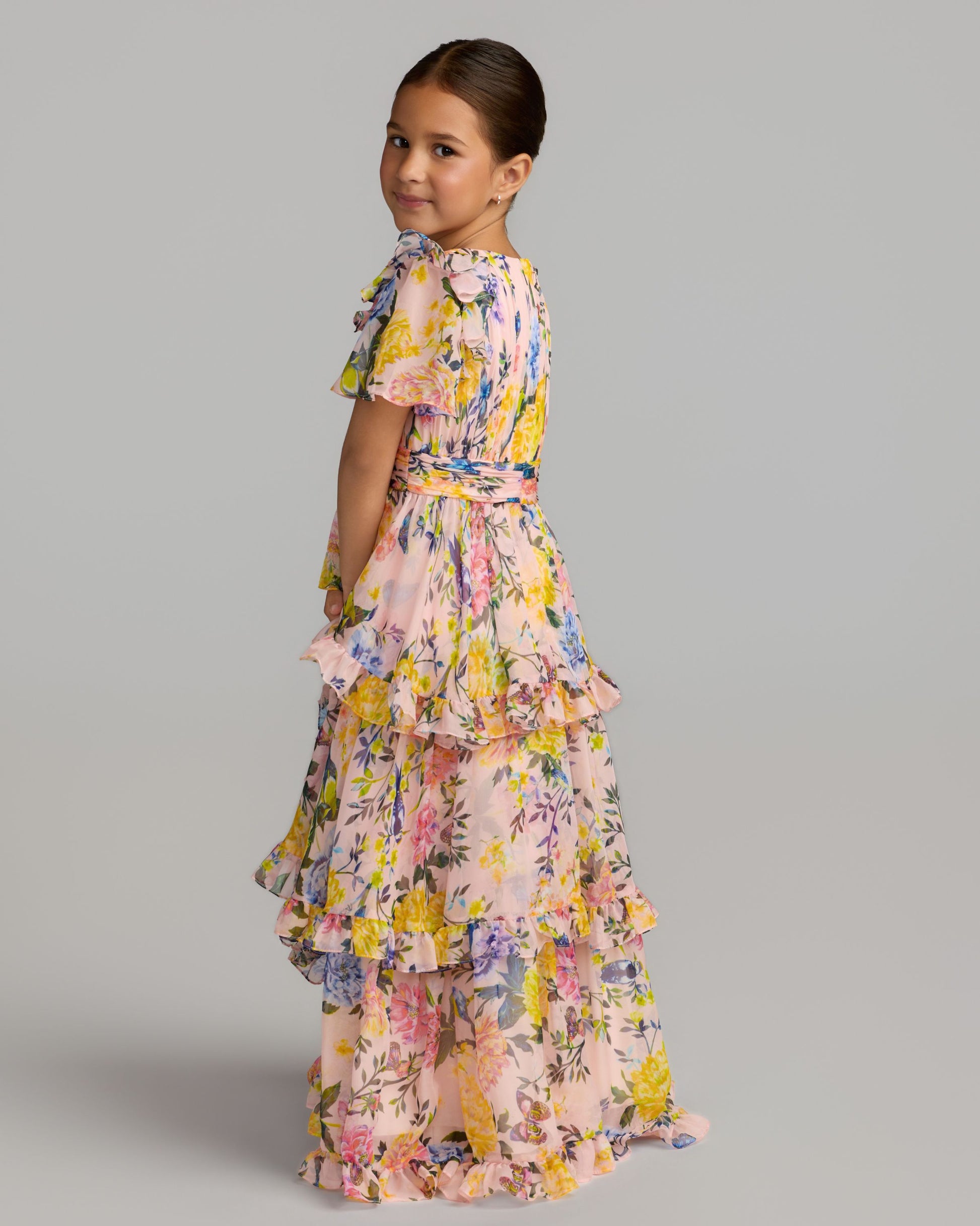 Girls Pink Multicolor Floral Chiffon Tiered Ruffle Dress Mac Duggal