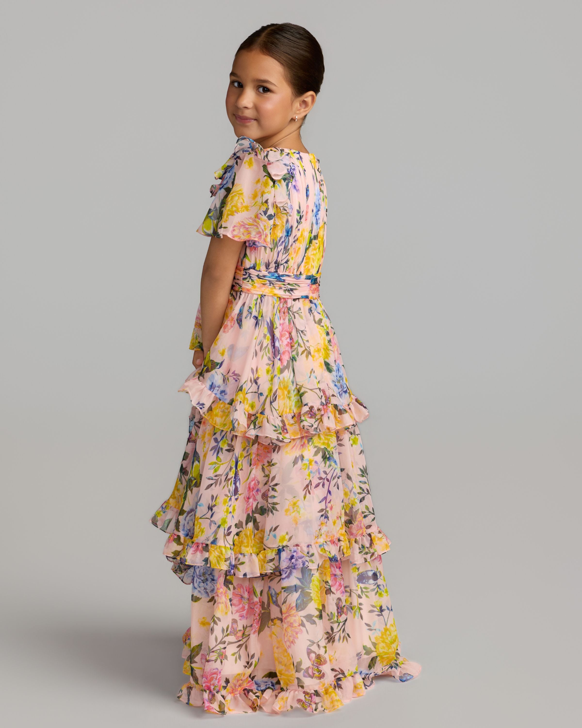 Girls Pink Multicolor Floral Chiffon Tiered Ruffle Dress Mac Duggal