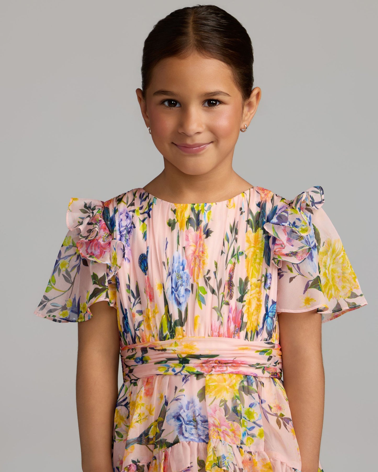 Girls Pink Multicolor Floral Chiffon Tiered Ruffle Dress Mac Duggal
