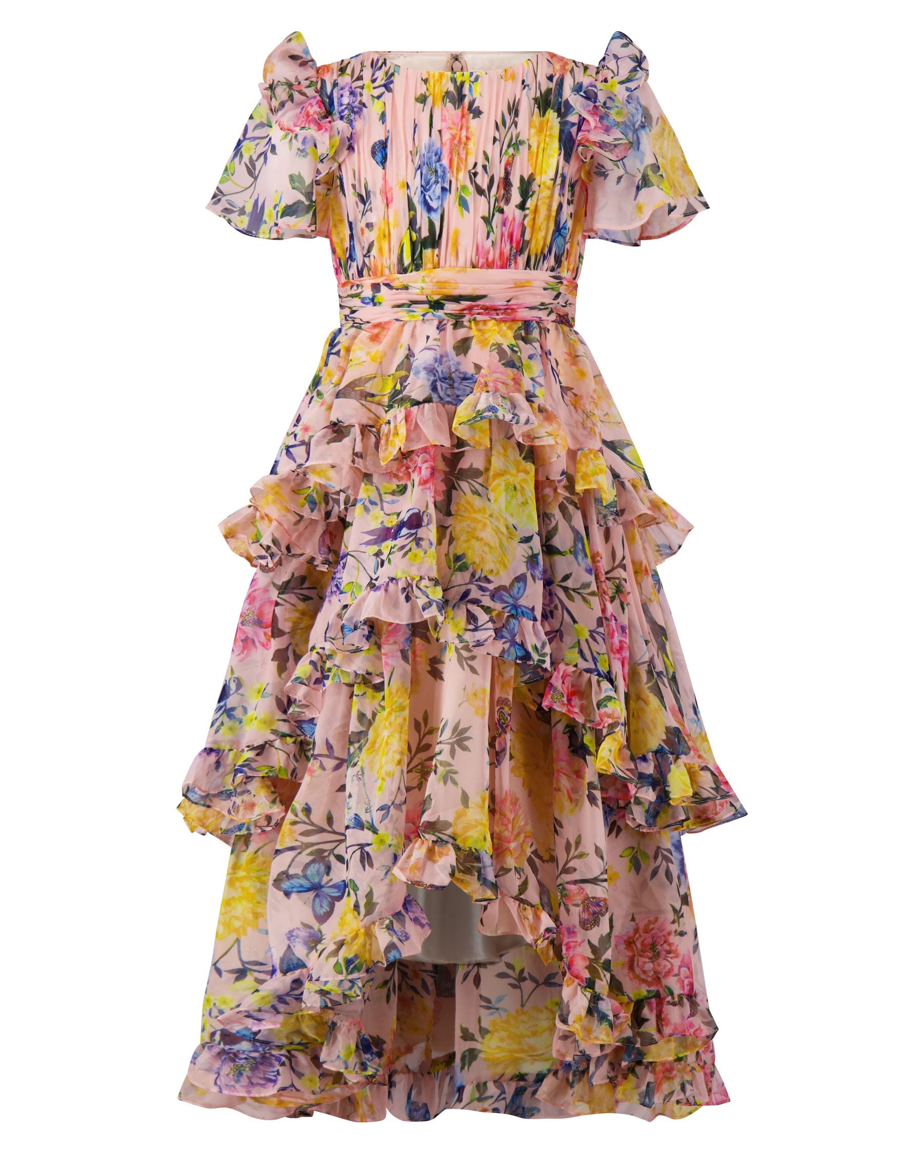 Girls Pink Multicolor Floral Chiffon Tiered Ruffle Dress Mac Duggal