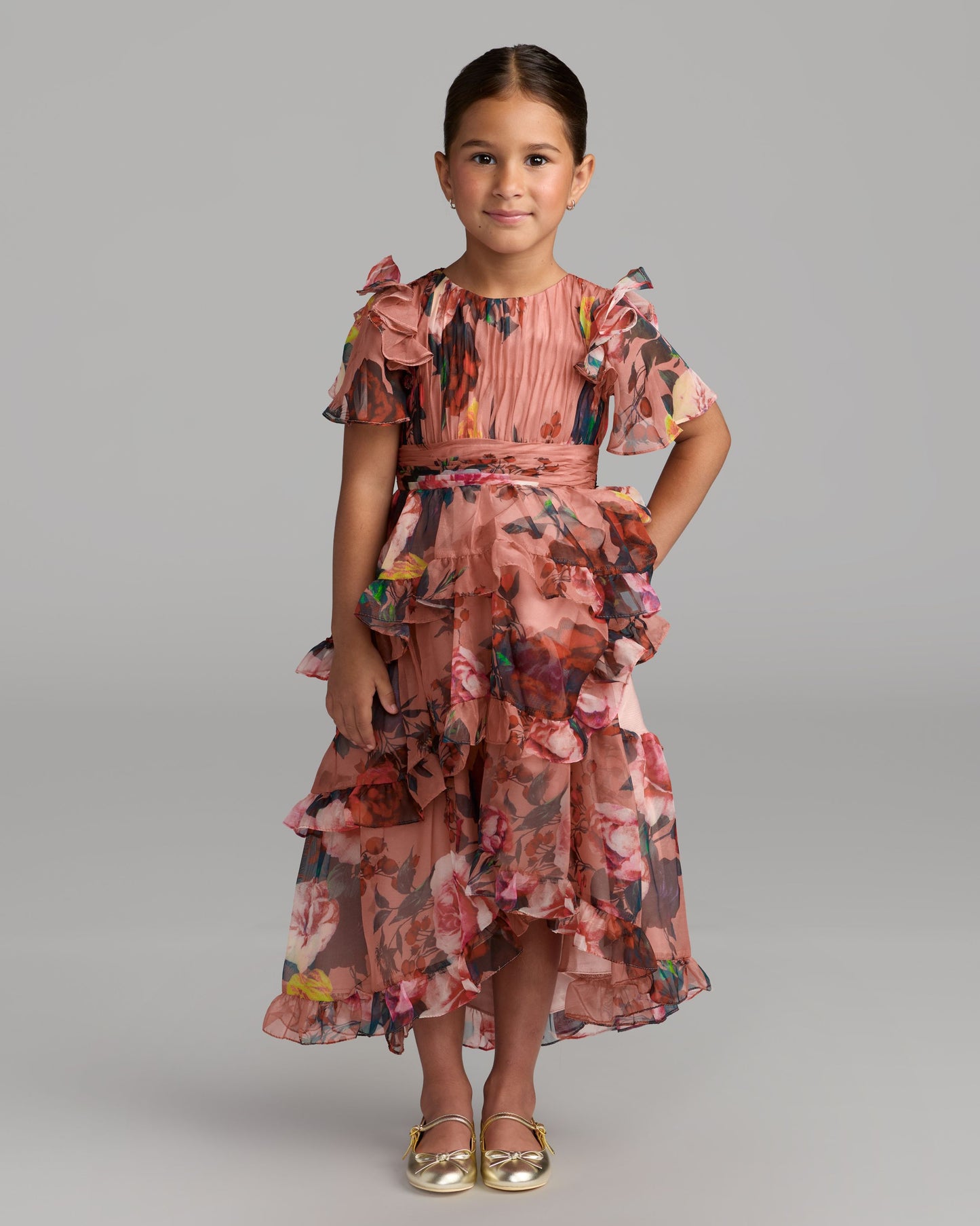 Girls Pink Floral Chiffon Tiered Ruffle Dress Mac Duggal