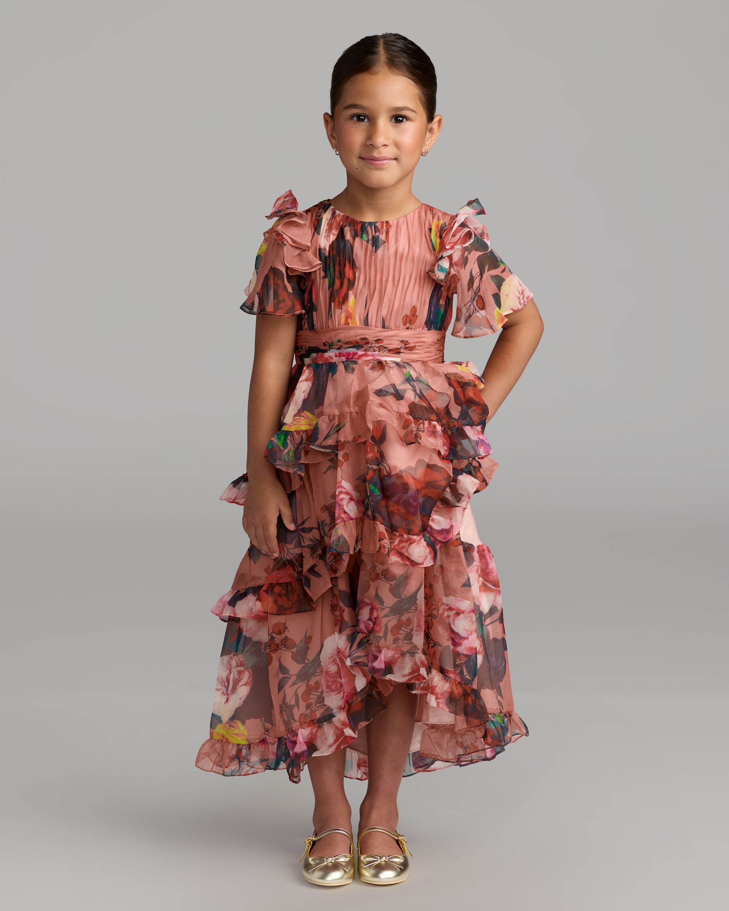 Girls Pink Floral Chiffon Tiered Ruffle Dress Mac Duggal