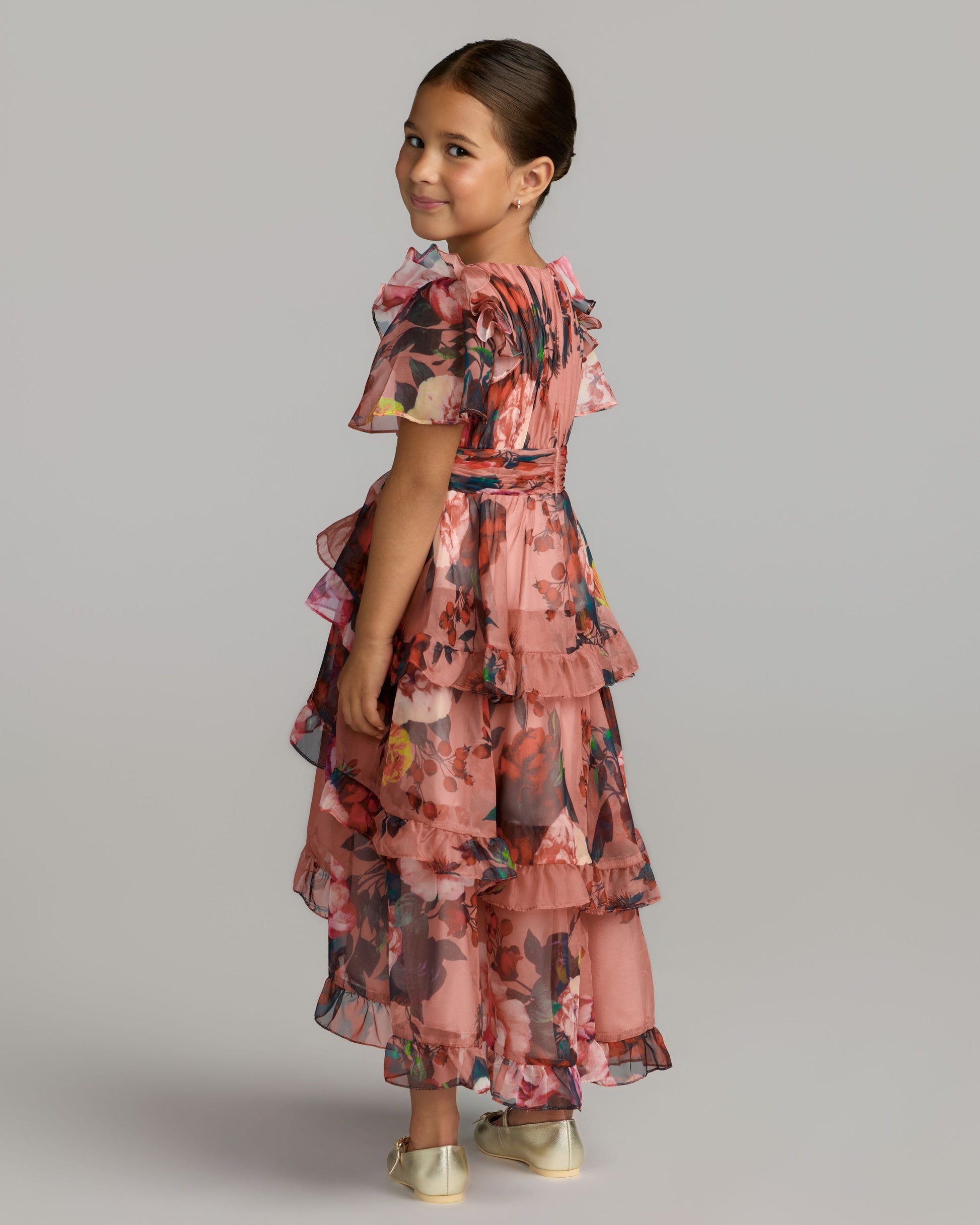 Girls Pink Floral Chiffon Tiered Ruffle Dress Mac Duggal