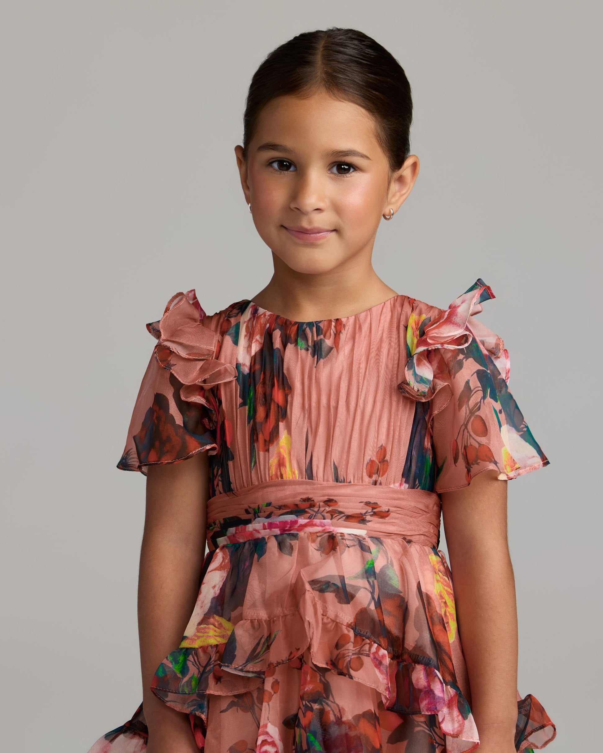 Girls Pink Floral Chiffon Tiered Ruffle Dress Mac Duggal